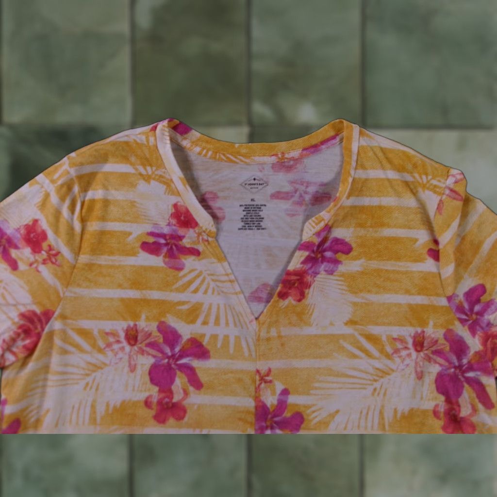 Vintage St Johns Bay Active Top Womens XL Floral V Neck Short Sleeve Drawstring Yellow T-Shirt Size XL / US 12-14 / IT 48-50 - 1 Thumbnail