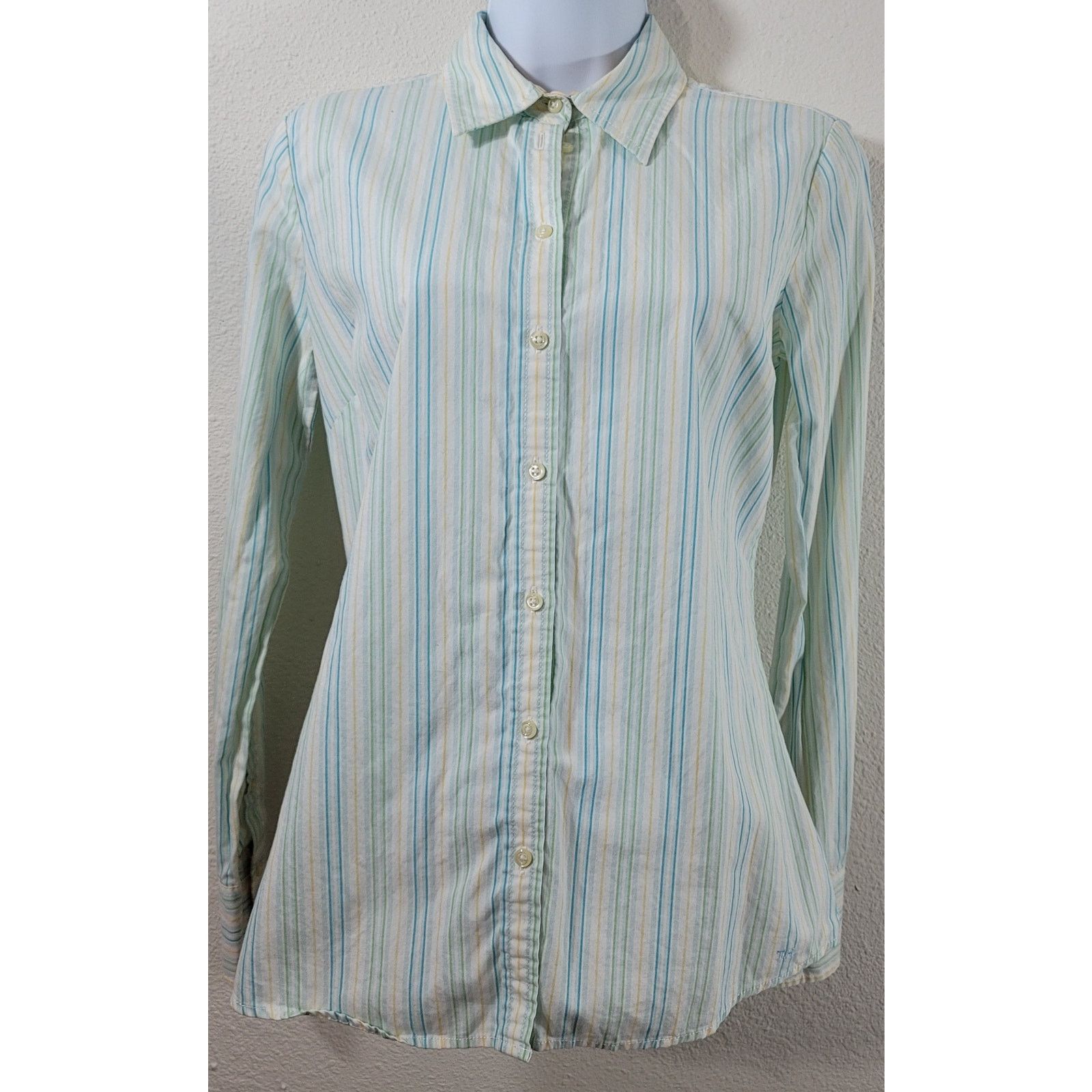 Tommy Hilfiger Tommy Hilfiger White Blue Green Striped Button Up Top XS Size XS / US 0-2 / IT 36-38 - 1 Thumbnail