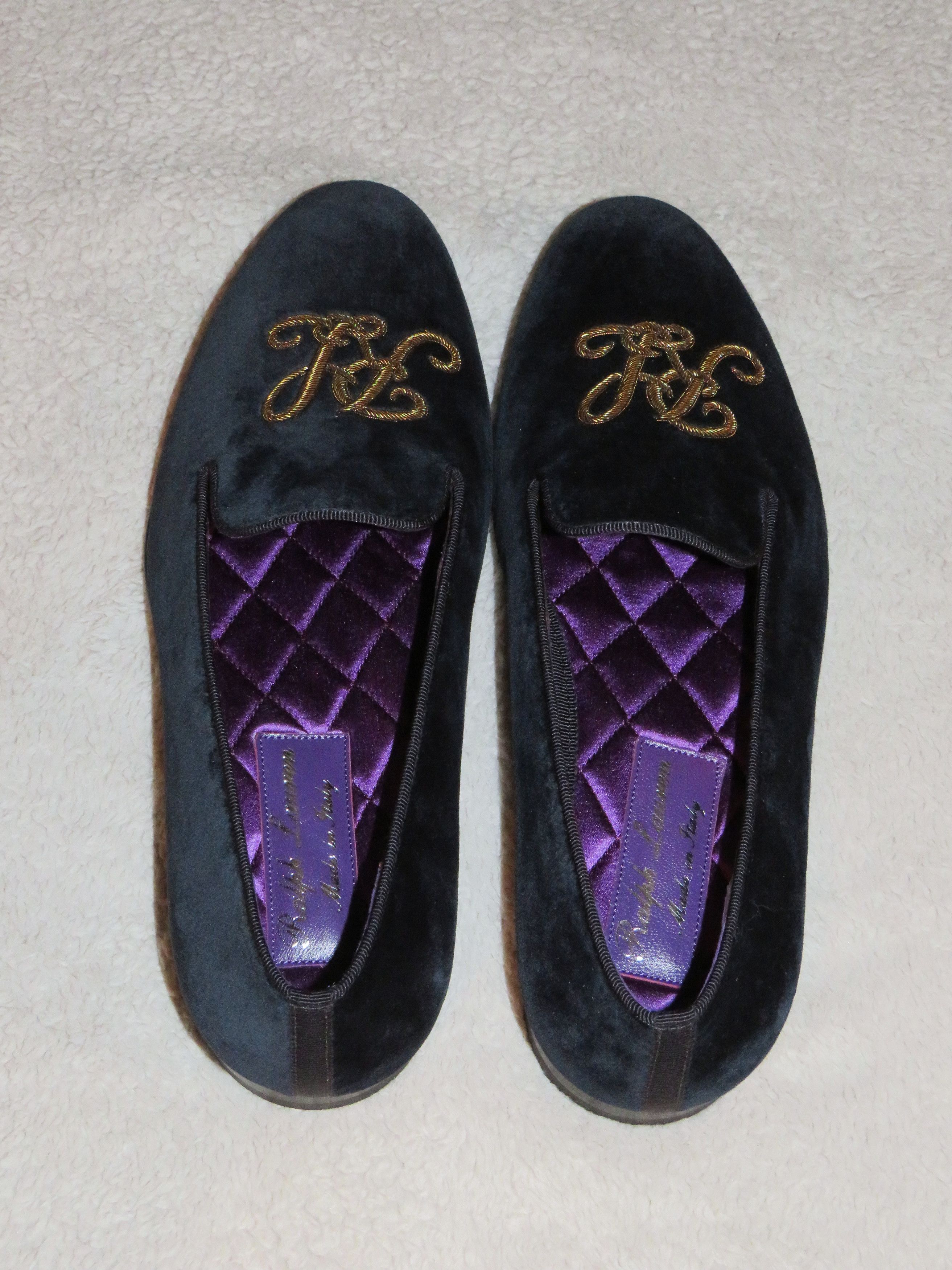 Ralph Lauren Purple Label Alonzo Navy Gold Bullion RL Velvet Slipper 8D NWB Size US 8 / EU 41 - 7 Thumbnail