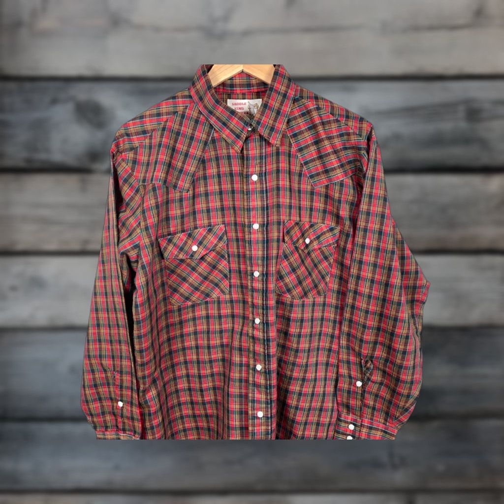 Vintage VTG Saddle King Western Shirt Men XL Red Blue Tartan Plaid Pearl Snap Buttons Size US XL / EU 56 / 4 - 1 Thumbnail