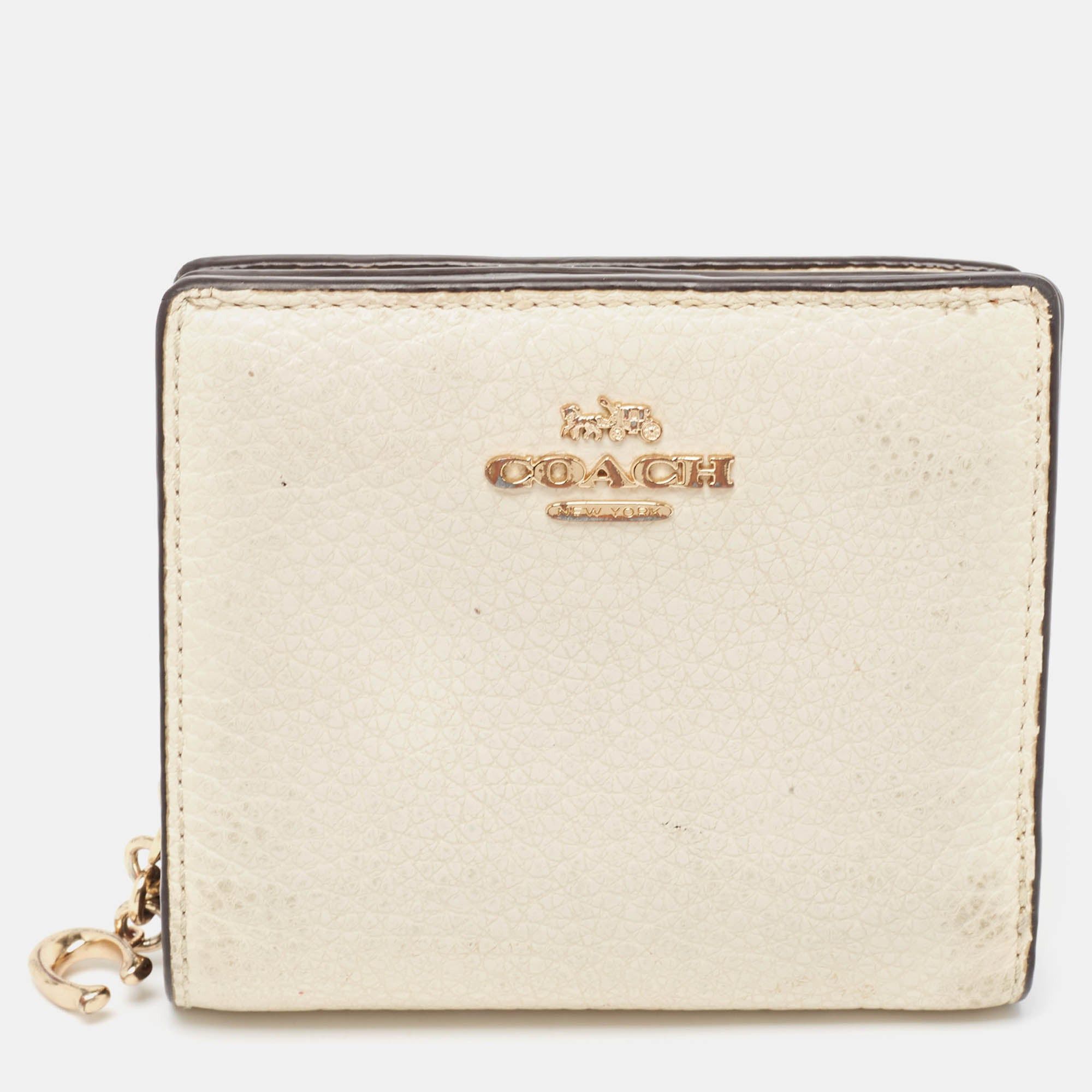 image of Coach Off White/brown Leather Snap Compact Wallet, Women's