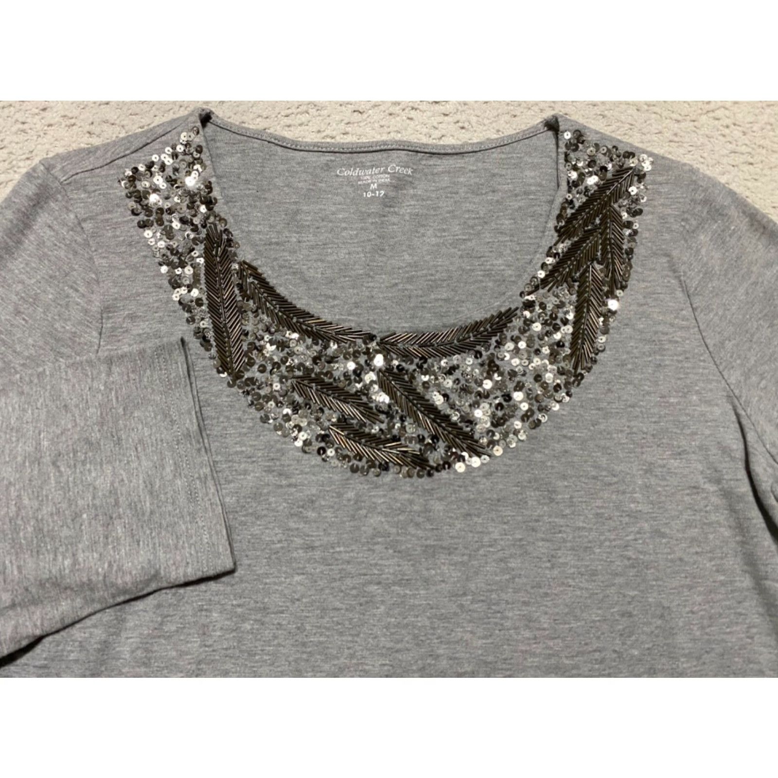 Coldwater Creek Coldwater Creek Shirt Gray Sequin 3/4 Sleeve Cotton Womens M Adult? Size M / US 6-8 / IT 42-44 - 2 Thumbnail