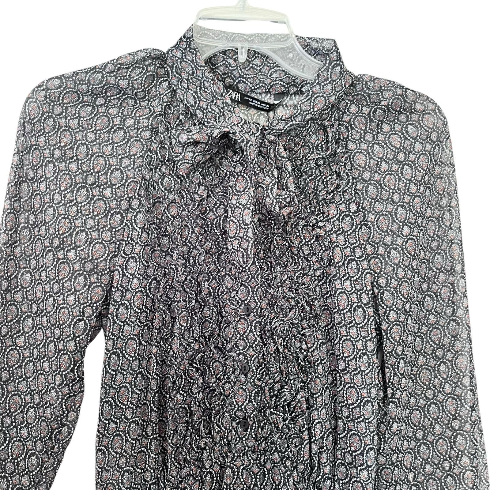 Zara Zara Black Printed Chiffon Tie Neck Sheer Romper NWT Size XS / US 0-2 / IT 36-38 - 3 Thumbnail