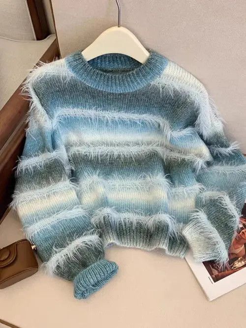 Striped patchwork crew neck knitted sweater