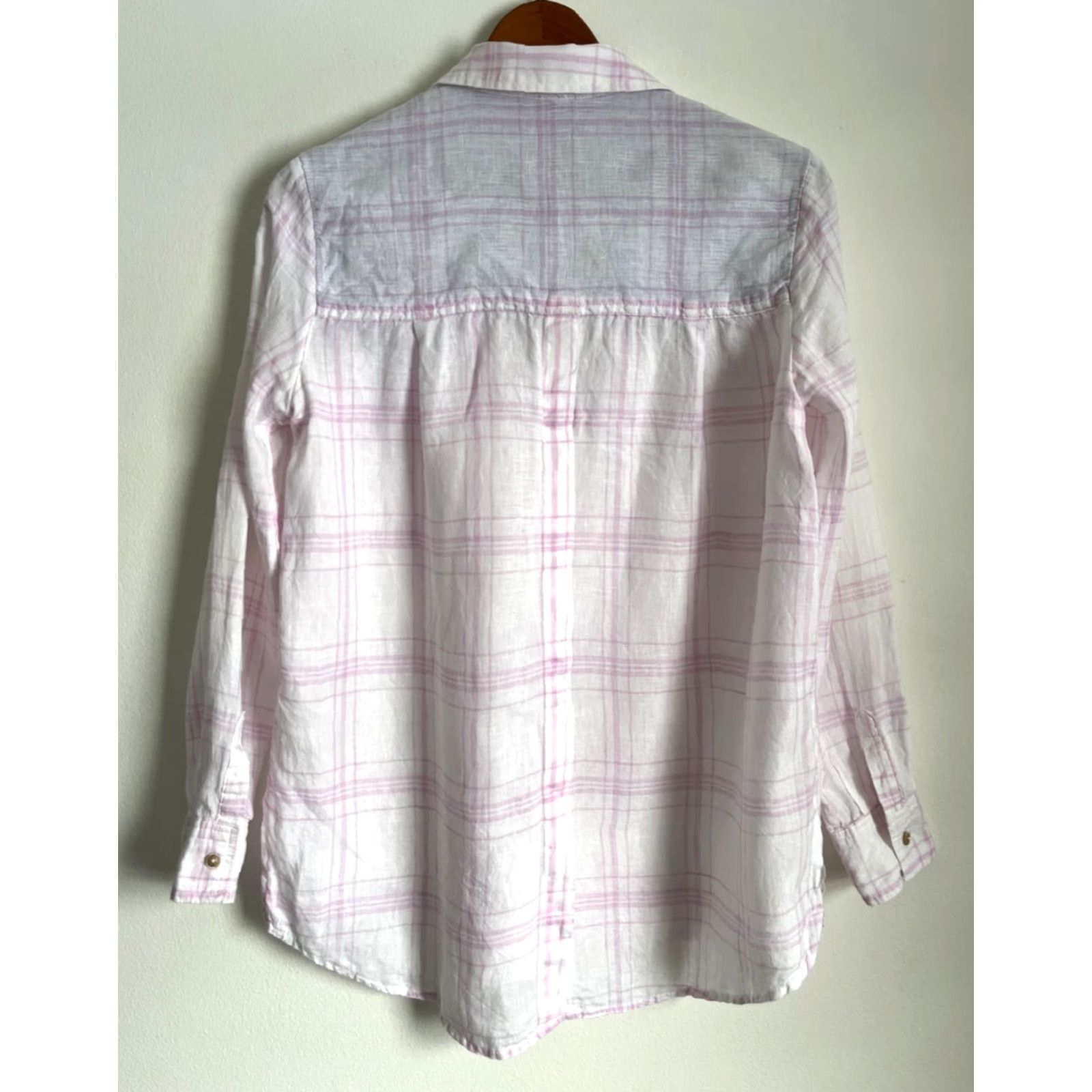 Free People VINTAGE Free People Women's No Limits Oversized Button-Up Linen Shirt Plaid XS White Pink Bohemian 90s Womens Size XS / US 0-2 / IT 36-38 - 2 Thumbnail
