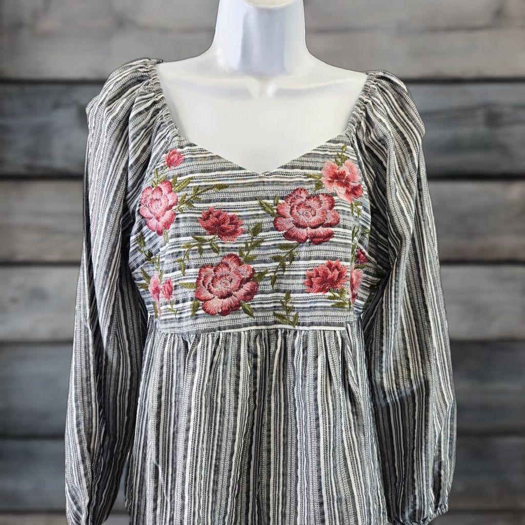 Pinko Savanna Jane Womens Blouse Size S Gray Pink Floral Stripe Embroidered Cotton Top Size S / US 4 / IT 40 - 1 Thumbnail