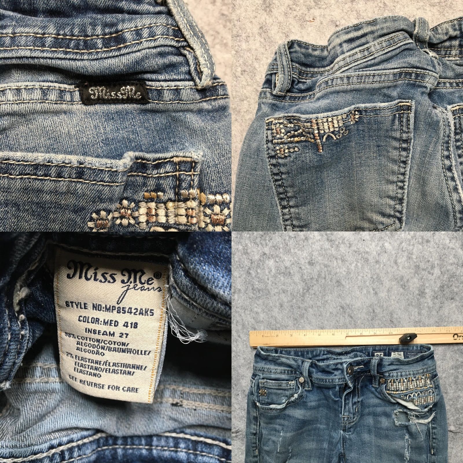 Miss Me VINTAGE Miss Me Jeans Womens 25 Blue Mid Rise Ankle Skinny Embroidered Stretch Size 42" / US 20 - 9 Thumbnail