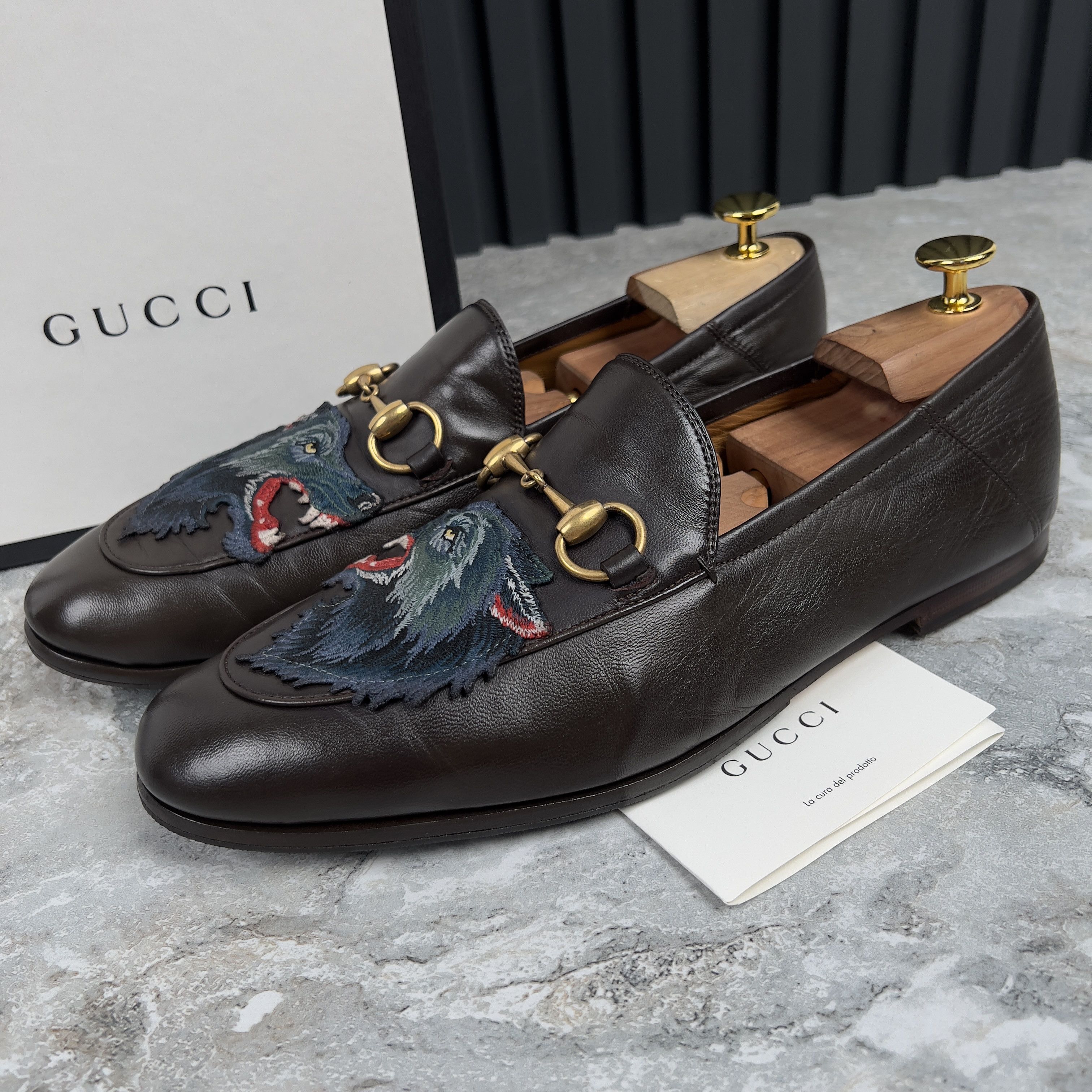 GUCCI Horsebit Brixton Wolf Applique Loafers Leather