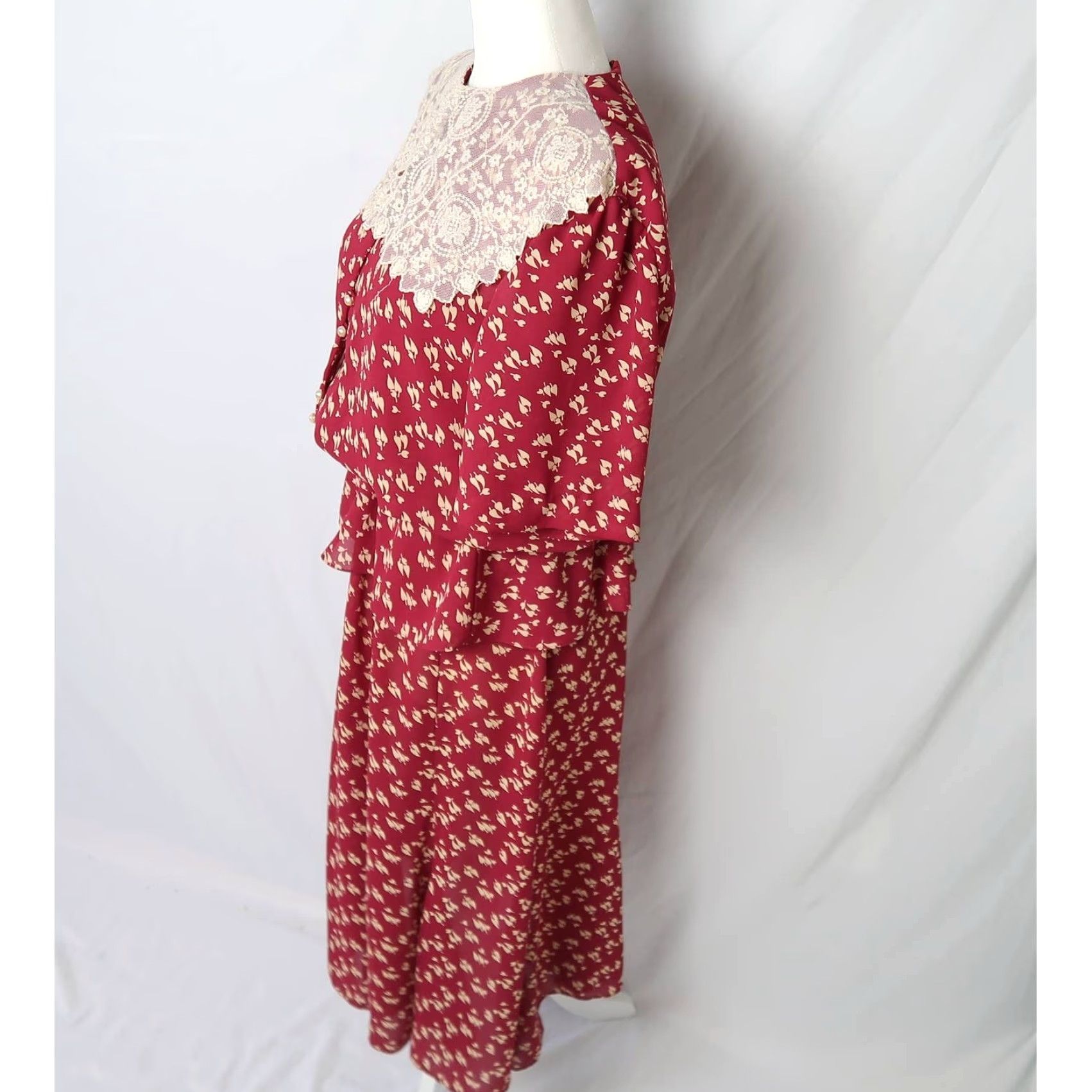 Vintage VINTAGE 90s burgundy red and cream top and midi skirt set Shirt 6P Bohemian Womens Size M / US 6-8 / IT 42-44 - 4 Thumbnail
