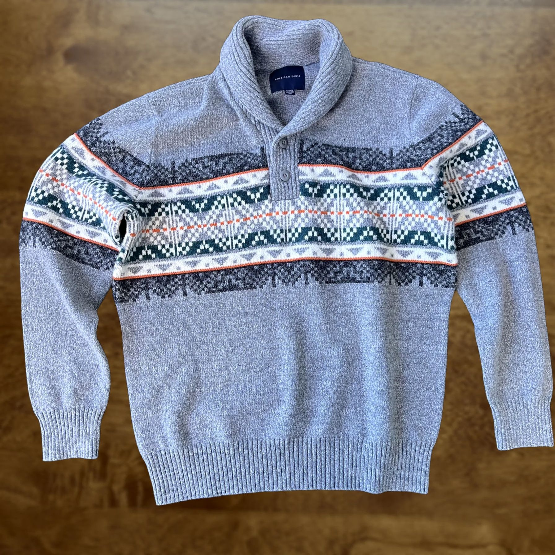 American Eagle Outfitters VINTAGE American Eagle Sweater Mens XL Gray Shawl Collar Fair Isle Nordic Pullover Knit Size US XL / EU 56 / 4 - 1 Thumbnail