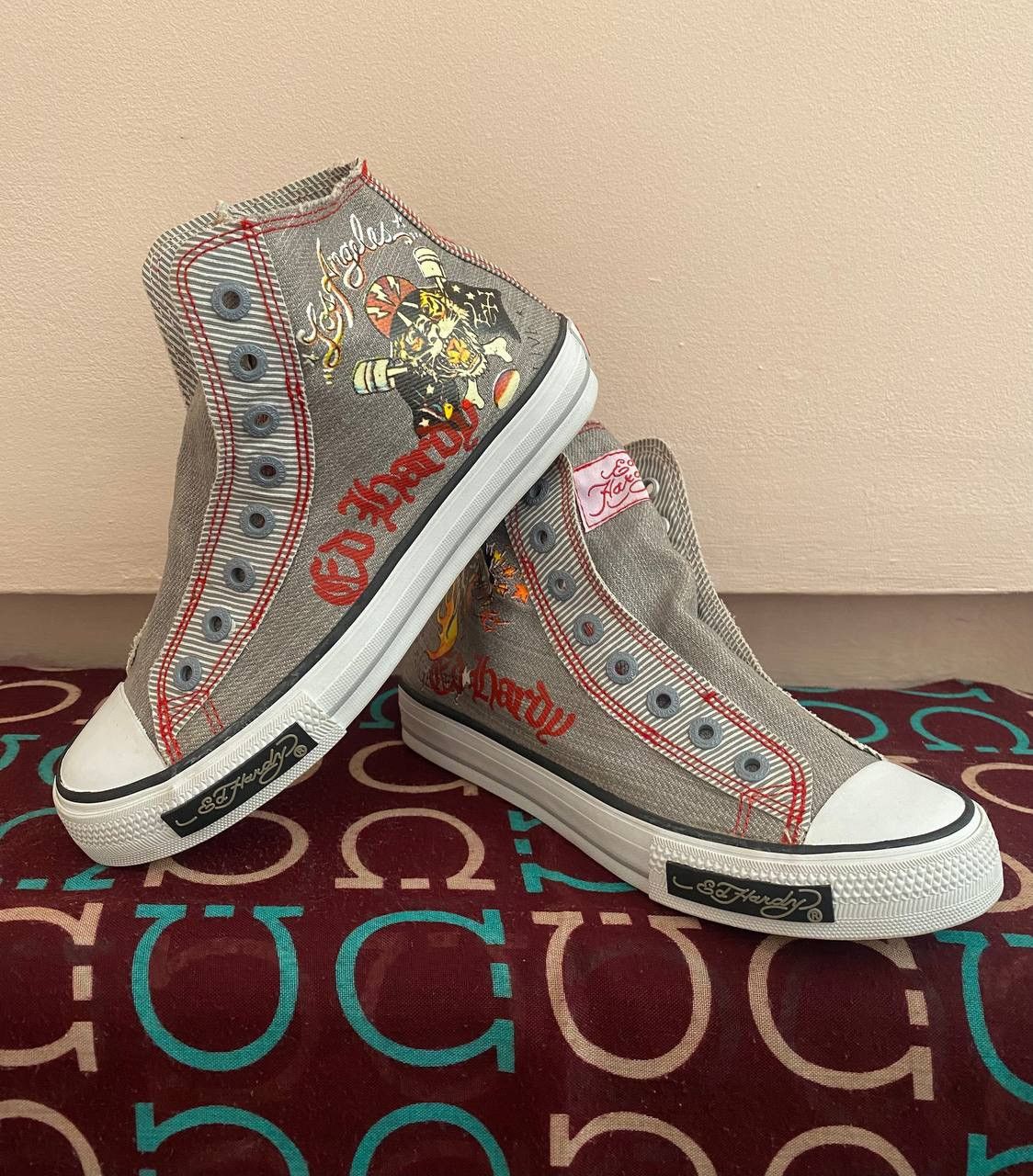 Christian Audigier × Ed Hardy × Vintage NEW! Vintage Ed Hardy Hi Top Sneakers Rare Fish Mermaid Y2K Size US 5 / IT 35 - 1 Thumbnail