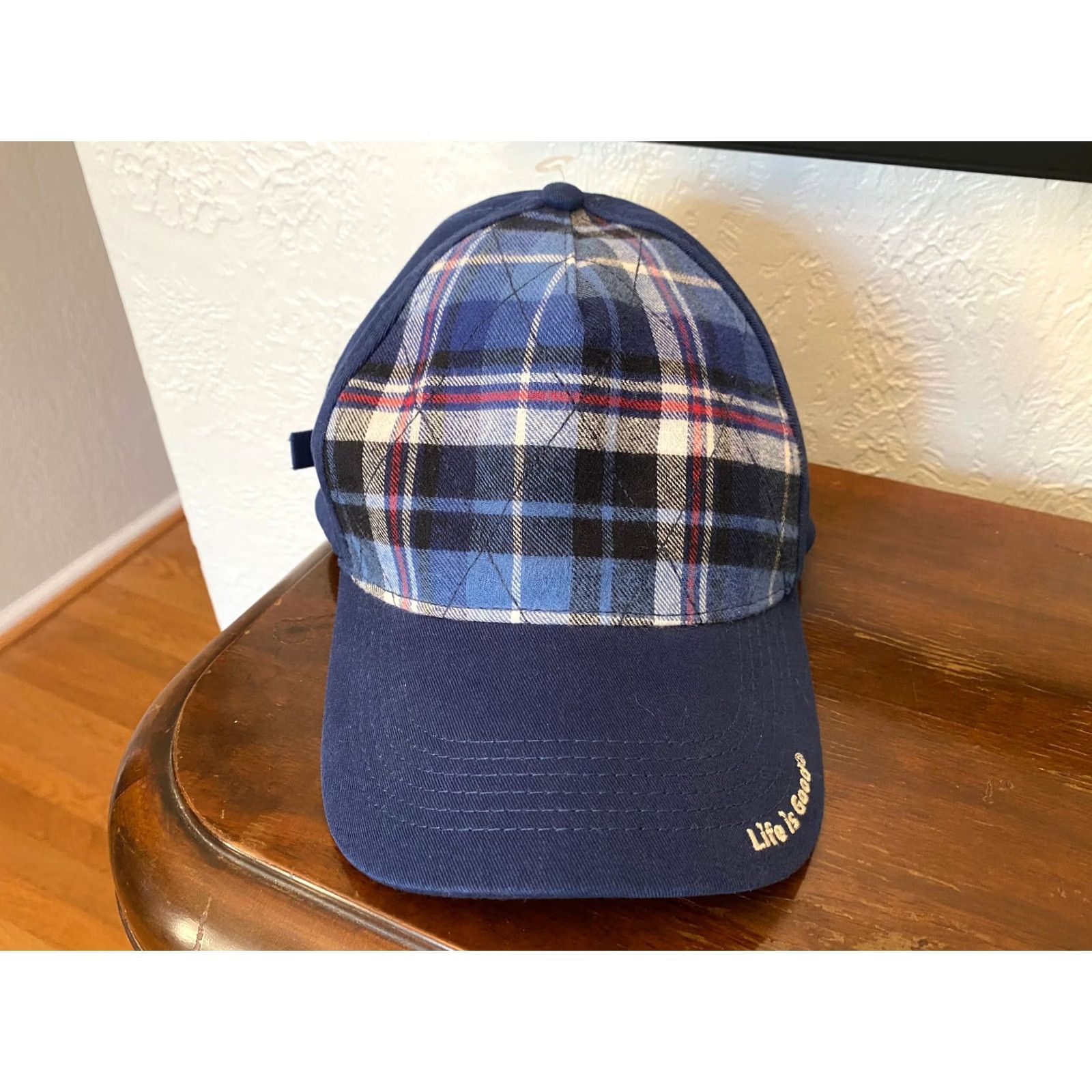 Life is Good Life is Good CAP WITH quilted plaid design STRAPBACK Blue Mens Adult Size Blue Pattern Plaid Baseball Cap EUC Size ONE SIZE - 2 Thumbnail