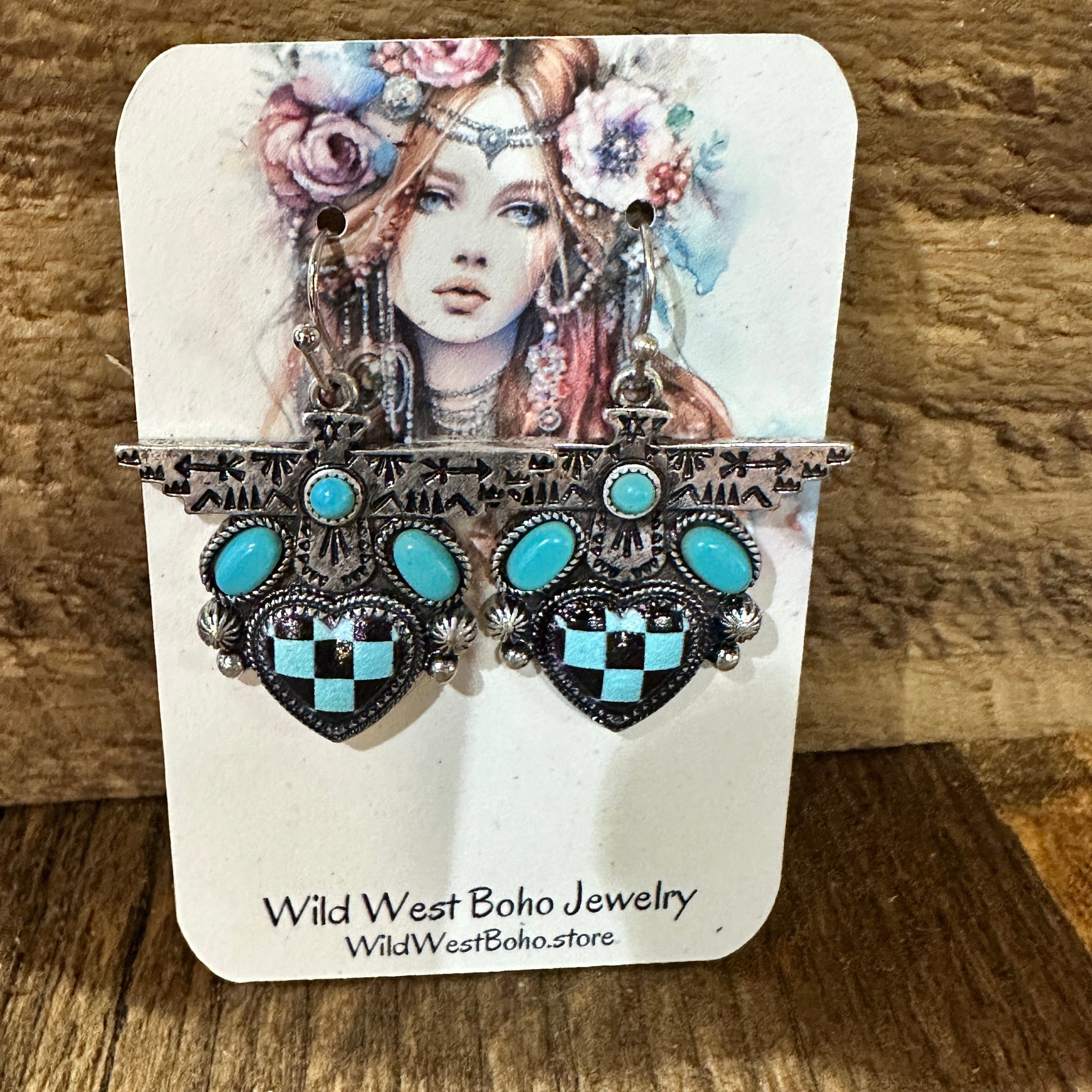Other Boho Turquoise Thunderbird Earrings, Stylish Checkered Desig Size ONE SIZE - 3 Thumbnail
