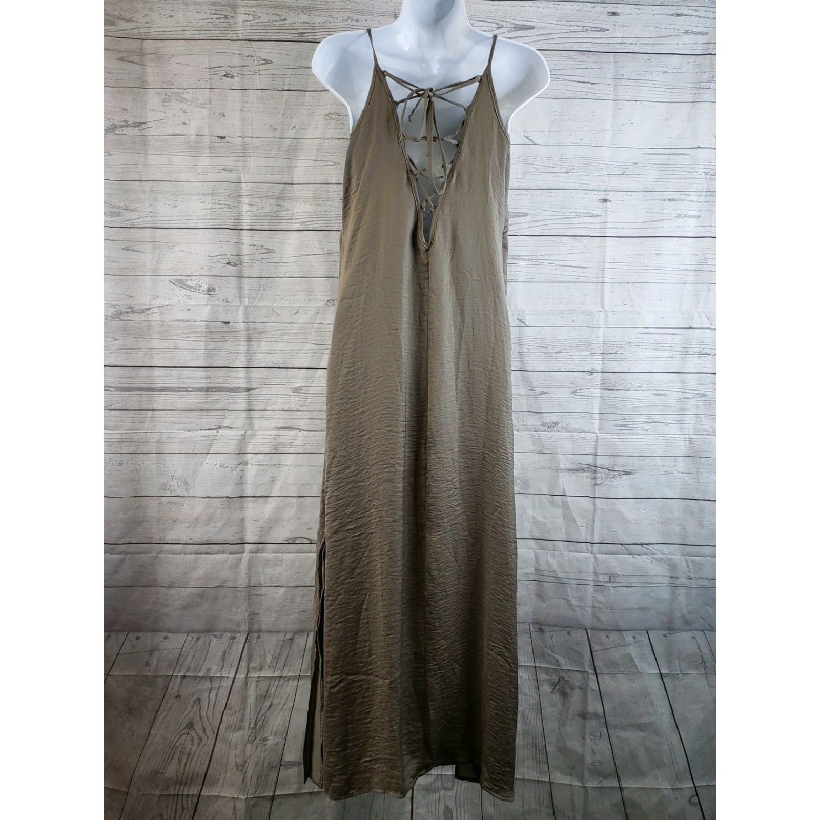 Vintage Achro Maxi Dress Women's Sz Medium Solid Taupe Sleeveless Lace Up Back Size M / US 6-8 / IT 42-44 - 3 Thumbnail