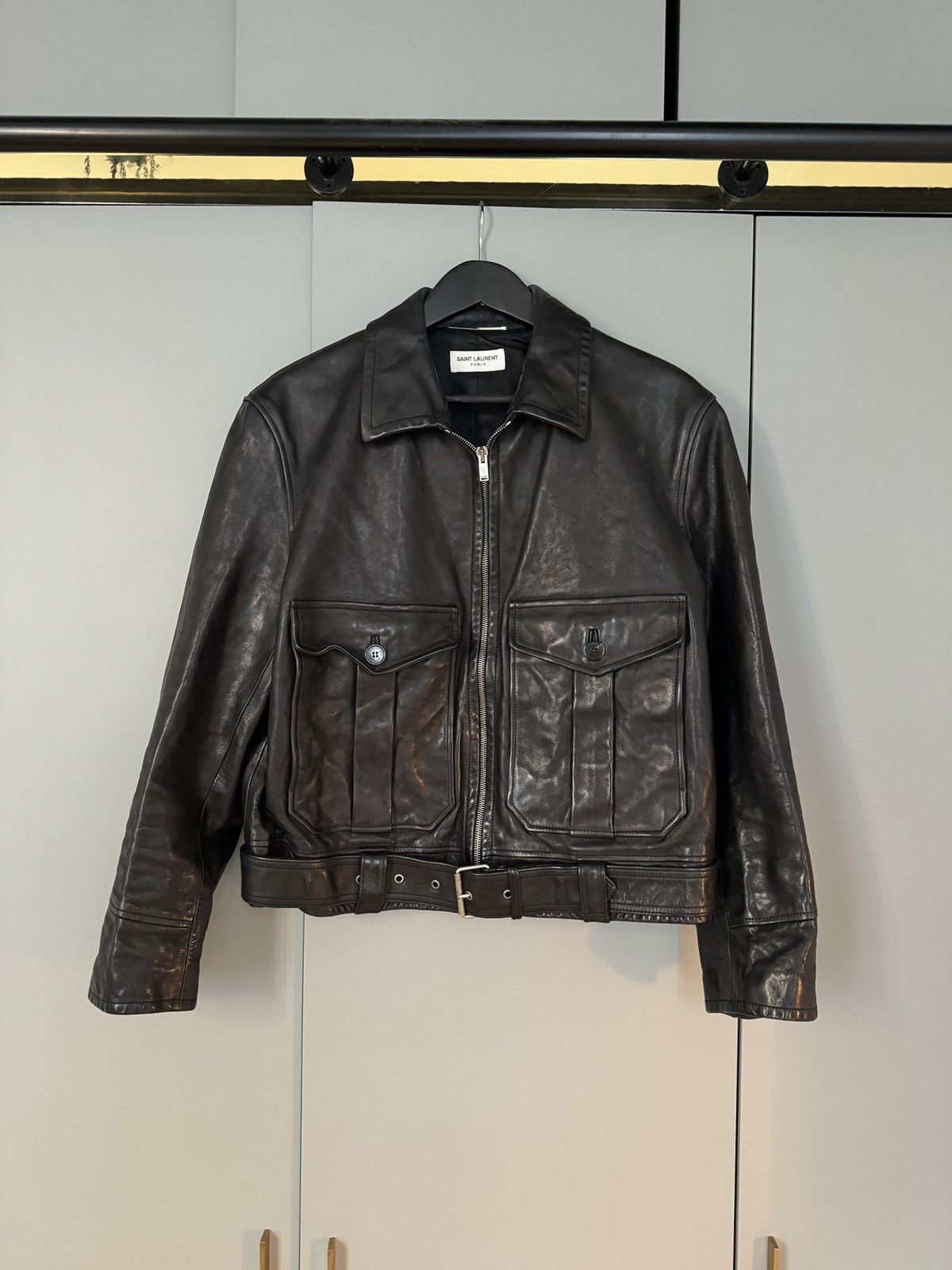 Anthony Vaccarello × Saint Laurent Paris Men’s Cropped Leather Jacket (2022) Size US M / EU 48-50 / 2 - 2 Thumbnail