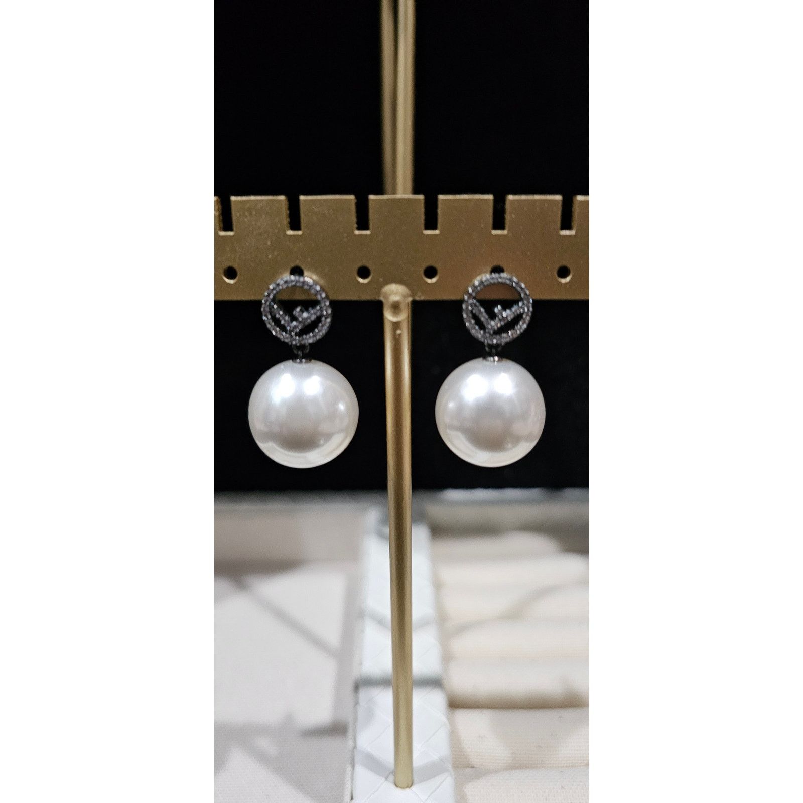 Fendi Fendi Gun Metal Rhinestone Pearl Logo Earrings Size ONE SIZE - 1 Thumbnail