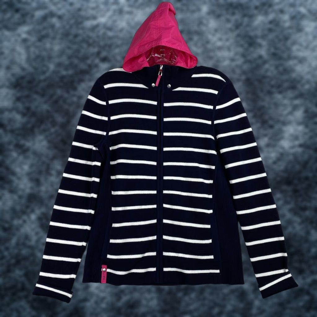 Ralph Lauren Ralph Lauren Active Cardigan Womens L Blue Pink Hooded Full Zip 90s Nautical Stripe Knit Lightweight Sweater Size L / US 10 / IT 46 - 1 Thumbnail