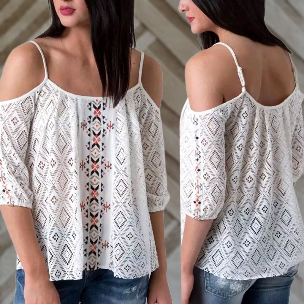 Miss Me Miss Me Blouse Ivory Laser Diamond Cold Shoulder Sheer Small Womens Shirt Small Size S / US 4 / IT 40 - 1 Thumbnail