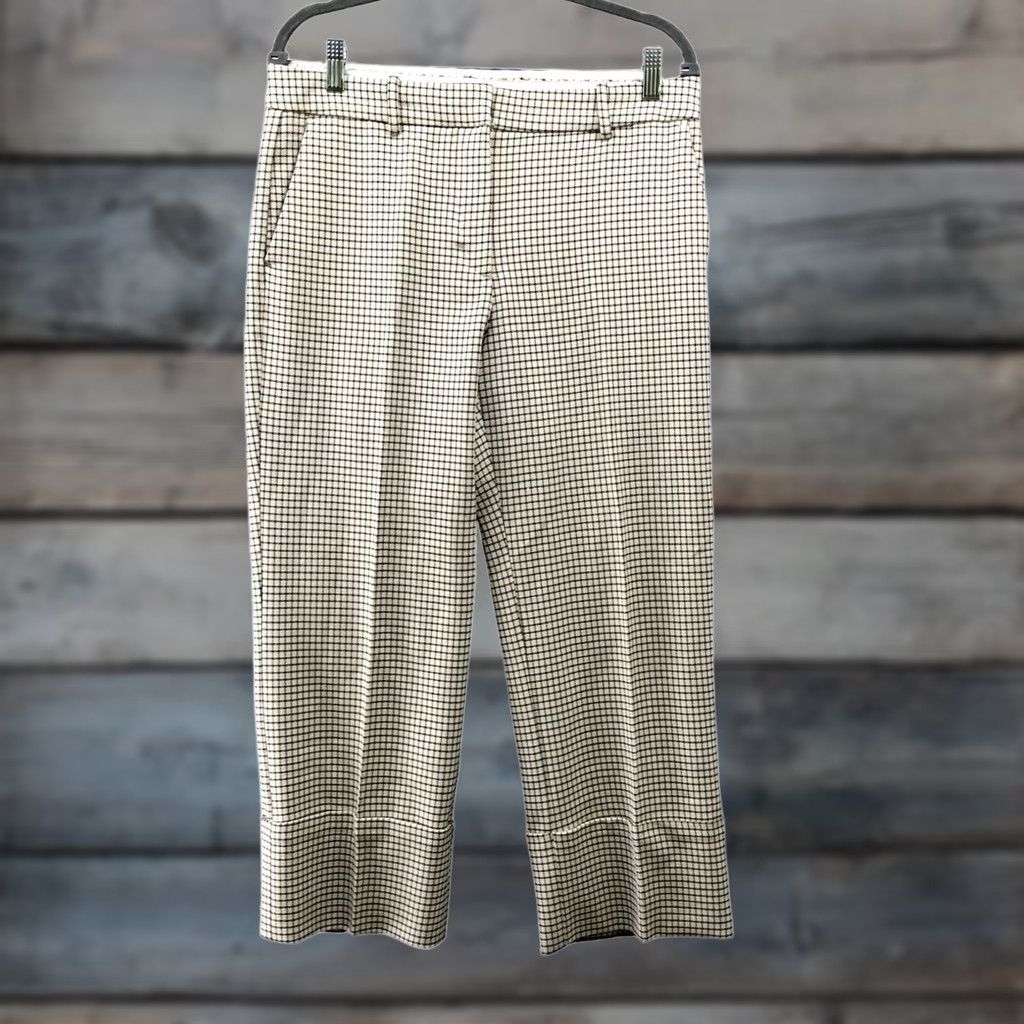 Zara Zara Women's Cropped Wide-Leg Dress Pant M Cream Grid Plaid High Rise Cropped Trouser Dress Pant Office Workwear Size 32" / US 10 / IT 46 - 1 Thumbnail