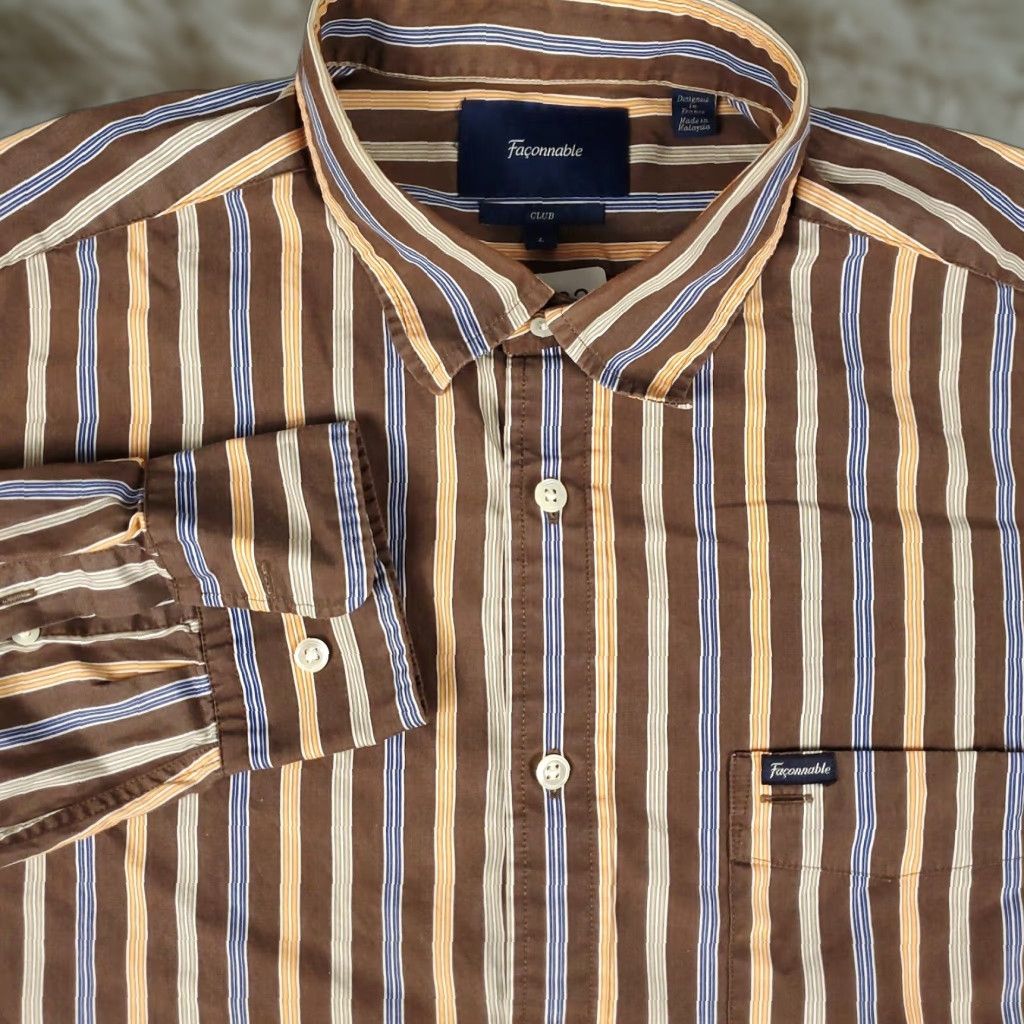 Faconnable Façonnable Shirt Adult Large Brown Striped Button-Up Long Sleeve Mens Size US L / EU 52-54 / 3 - 1 Thumbnail