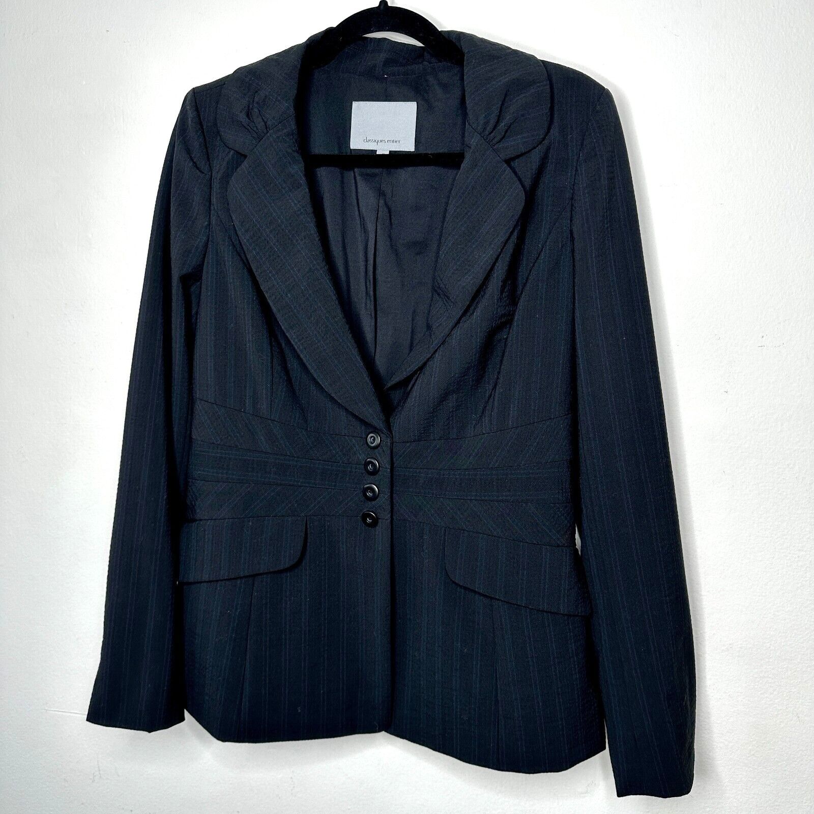 Other Classiques Navy Blue Pinstripe Peplum Waist Wool Blazer 10 Size L / US 10 / IT 46 - 12 Thumbnail