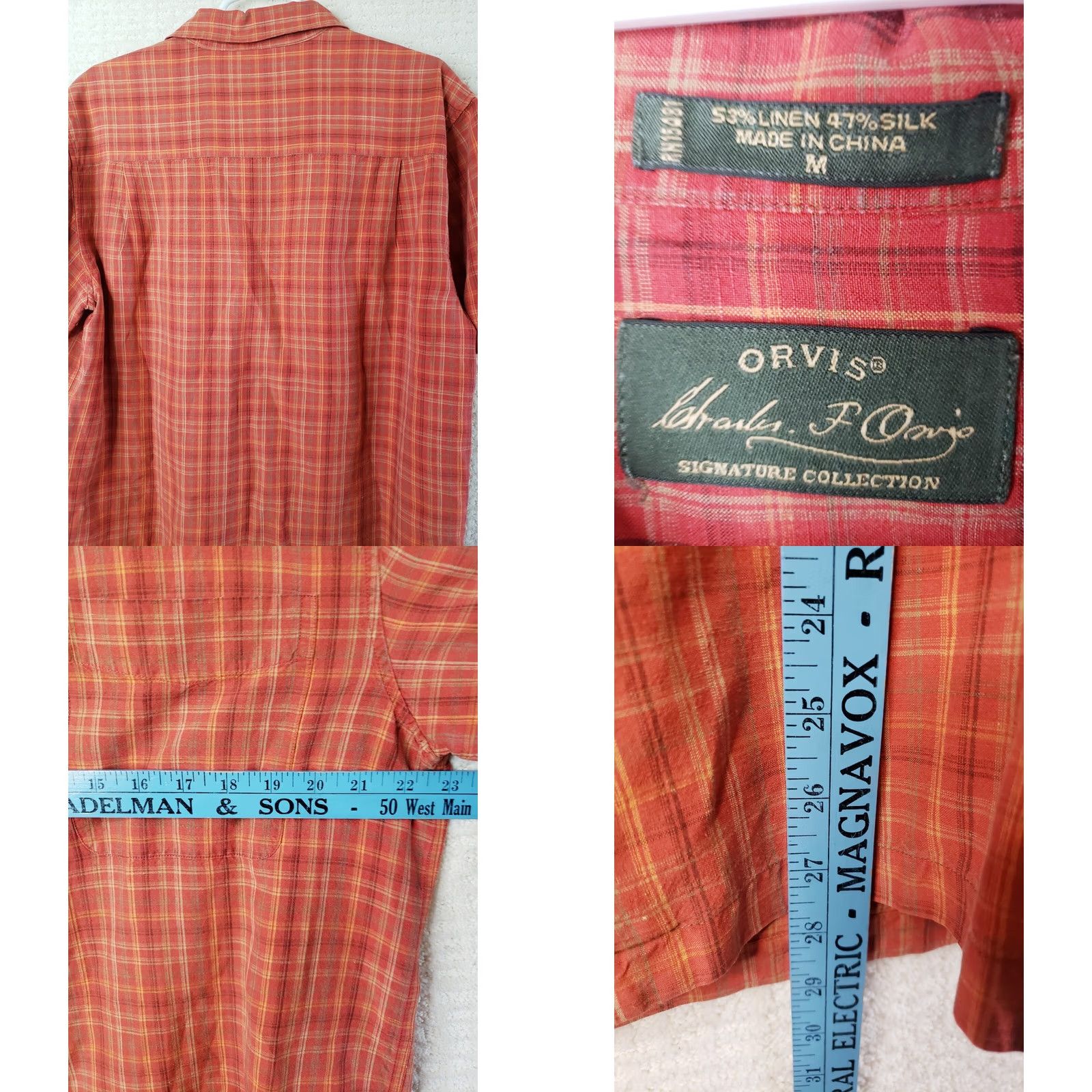 Orvis Orvis Signature Collection Shirt M Orange Plaid Silk Linen Button-Down Short Sleeve Mens Size US M / EU 48-50 / 2 - 8 Thumbnail