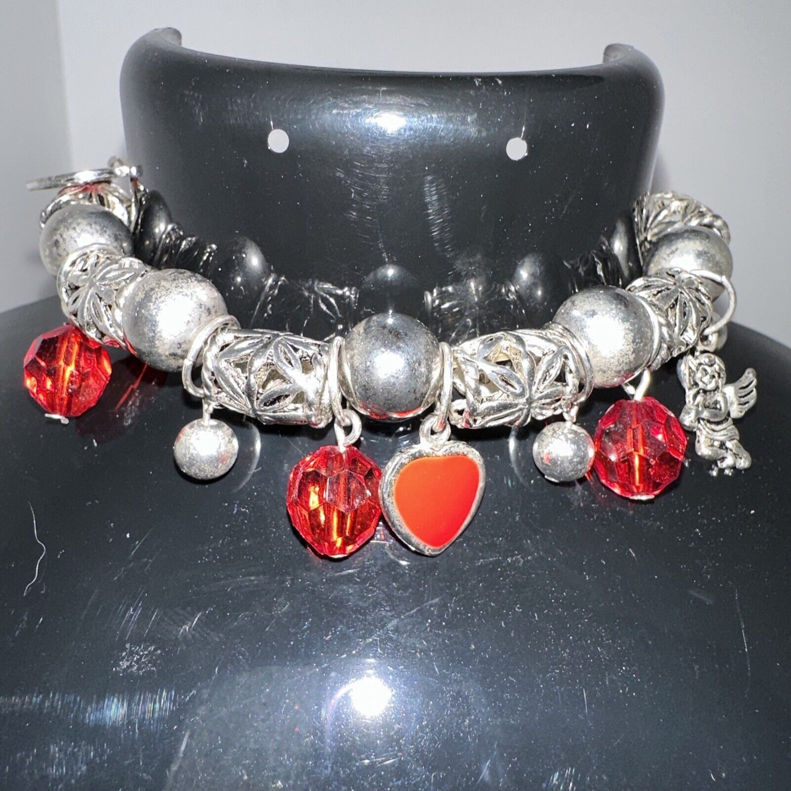 Vintage VTG Silver Art Deco Angels Red Hearts Charm Bracelet Stretch Size ONE SIZE - 1 Thumbnail