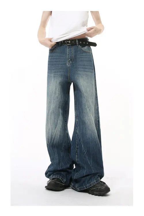 Anime × Japanese Brand × Jean Washed lightning pattern retro straight wide-leg jeans y2k Size US 34 / EU 50 - 2 Thumbnail