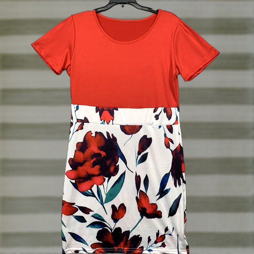 Ikea Womens Dress XL Fits More Like Medium-Large NWOT Knee Length Fit & Flare Short Sleeve Multi-Color Red White Floral Solid Women Size M / US 6-8 / IT 42-44 - 1 Thumbnail