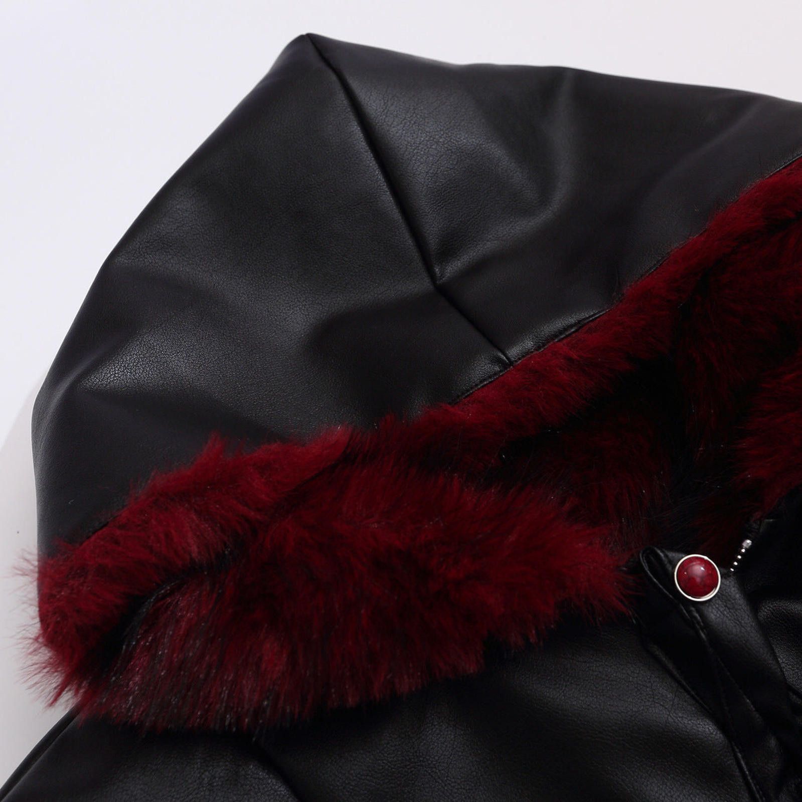 Japanese Brand Black Faux Leather Hooded Jacket with Burgundy Fur Trim Size US M / EU 48-50 / 2 - 2 Thumbnail