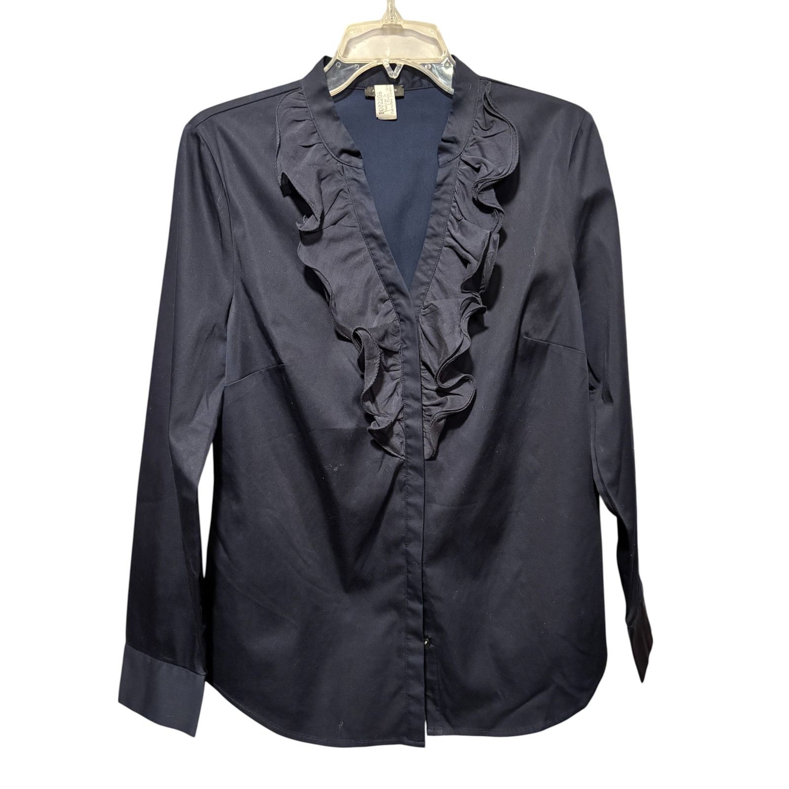 Ann Taylor Ann Taylor Loft Navy Blu Front Button Ruffle Top Long Sleeve Size XL / US 12-14 / IT 48-50 - 1 Thumbnail