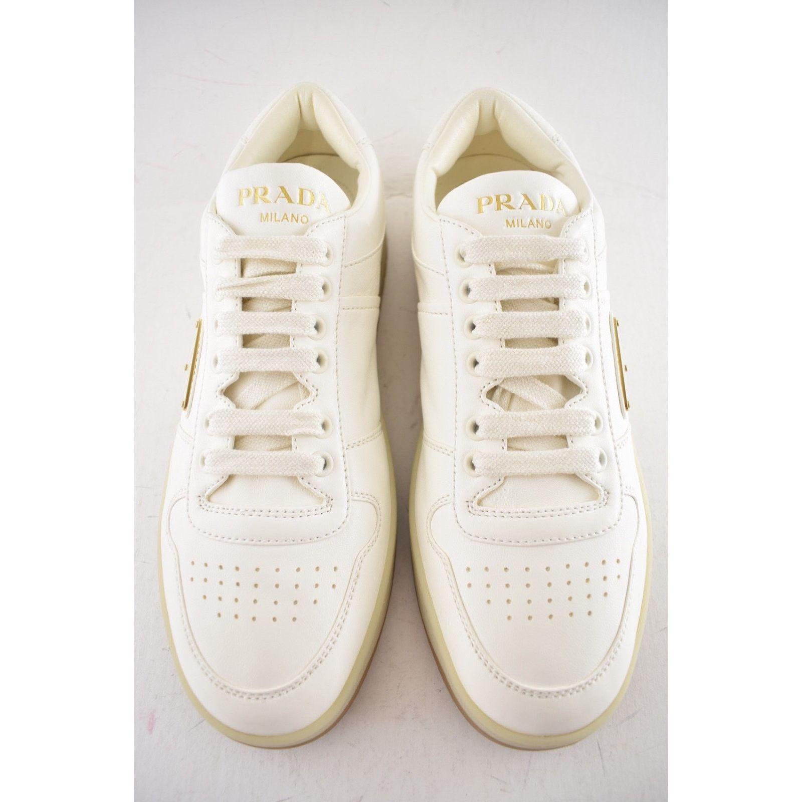 Prada Prada Downtown Leather Gold Logo Flat Low Top Sneaker 41 Size US 11 / IT 41 - 9 Thumbnail