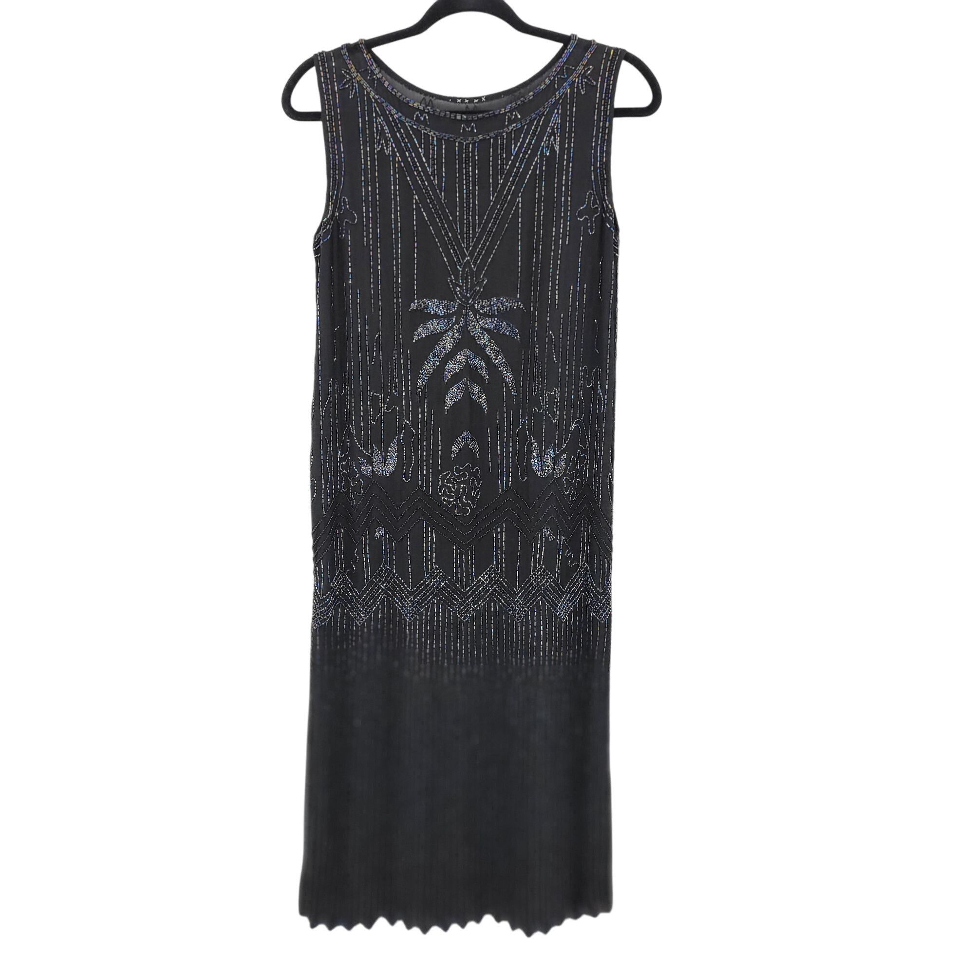 Vintage Vtg 80s Does 20s Black Oil Slick Beaded Silk Flapper Dress S Size M / US 6-8 / IT 42-44 - 2 Thumbnail