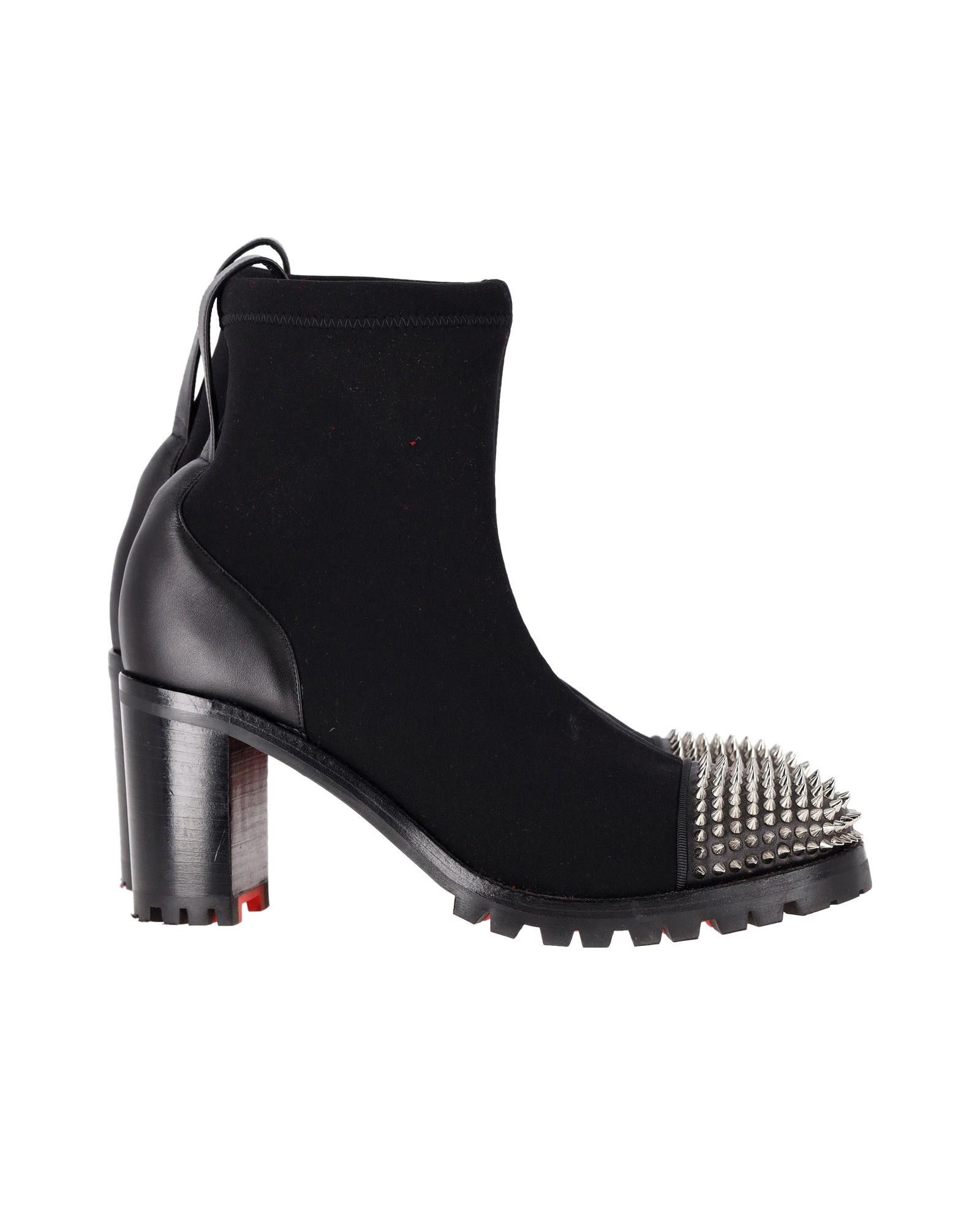 image of Christian Louboutin Spiked Black Stretch Fabric And Leather Boots, Women's (Size 9)