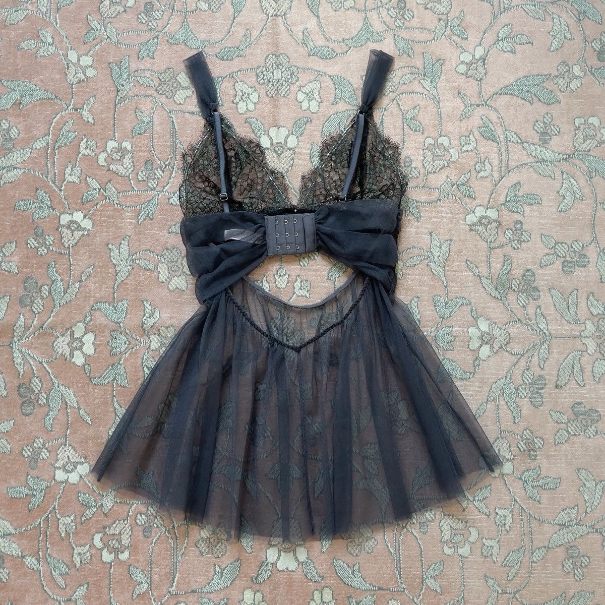 Victoria's Secret Dusty Blue Mesh & Black Lace Sheer Mini Slip Dress (S-M) Size M / US 6-8 / IT 42-44 - 12 Thumbnail