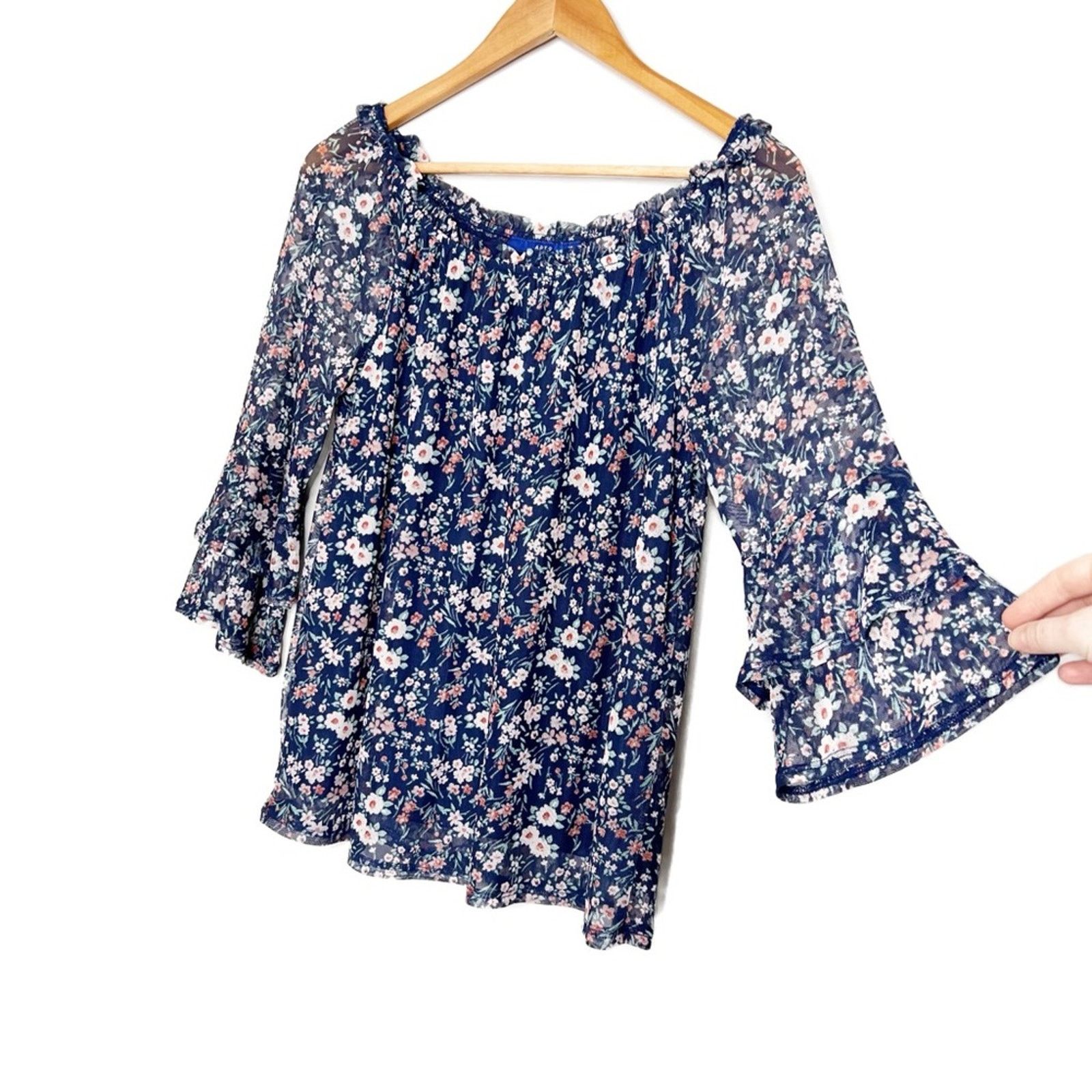 Apt. 9 APT.9 Women’s Floral Mesh Navy Blue Bohemian Blouse Top Size S / US 4 / IT 40 - 2 Thumbnail