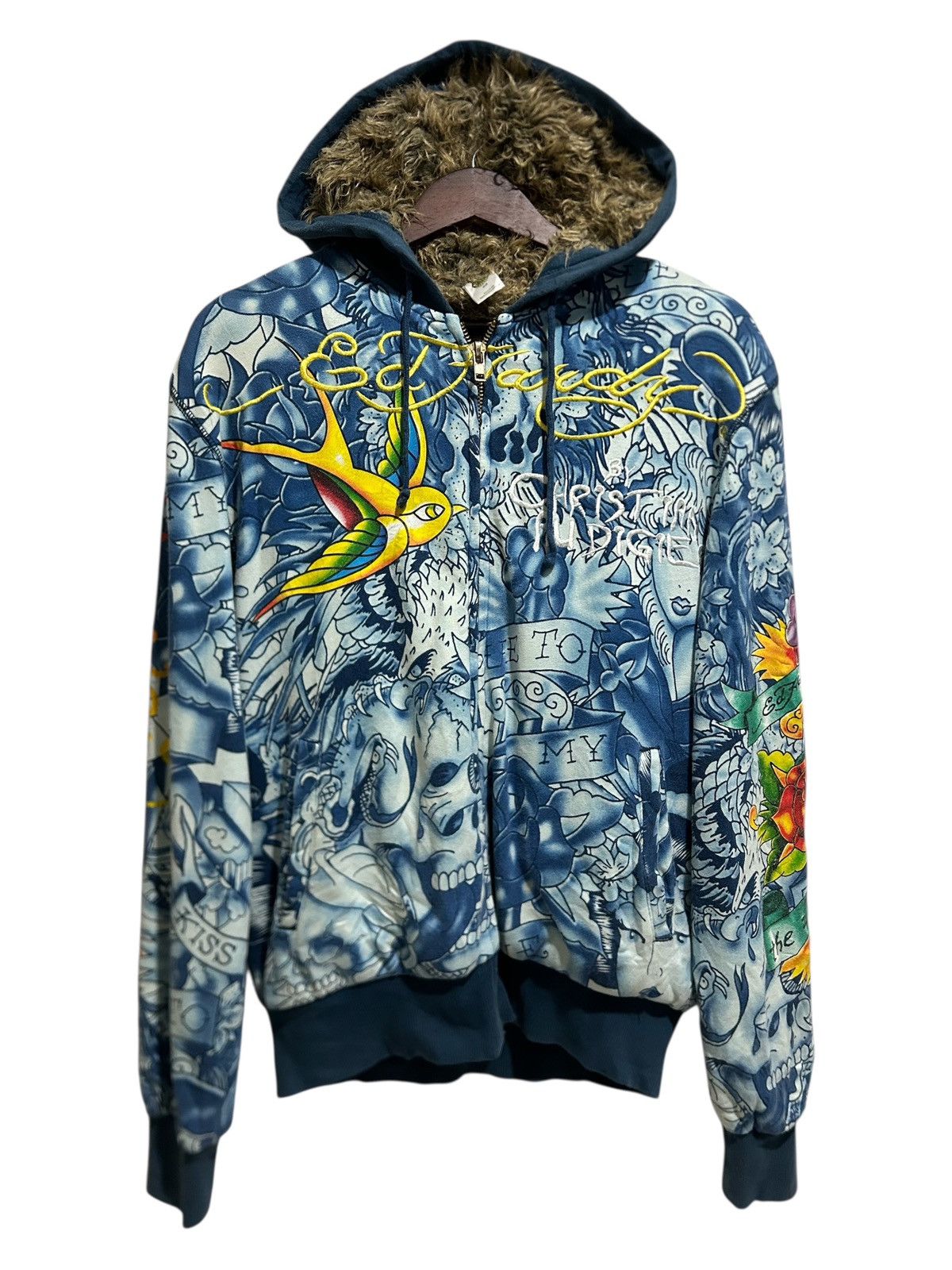 Ed Hardy × Vintage Y2K Really Point Fullprint Fur Zip Up Hoodie