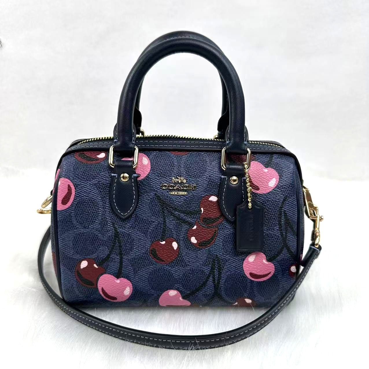 Coach Mini Rowan Xbody Bag Sig Canvas Cherry Print Gold/blue, Women's