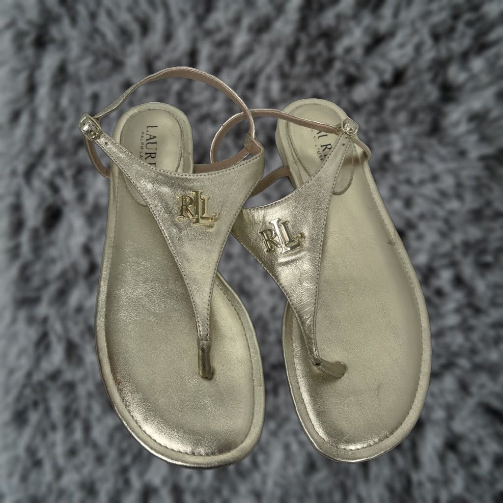 Lauren Ralph Laurent Women's Ellington Gold Leather Thong Sandals Size 8.5