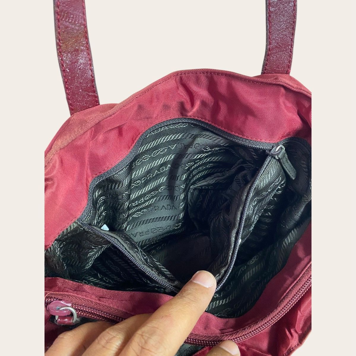 Prada Prada Burgundy Nylon Tote Bag | Leather Handles Size ONE SIZE - 12 Thumbnail