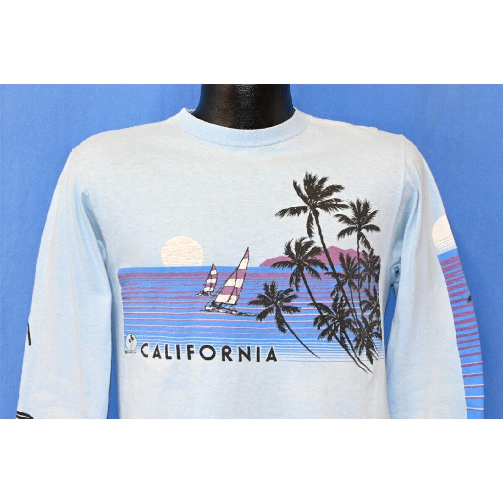 image of Vintage 80's California Sunset Palm Trees Sailboats Newport Beach Long sleeve T-Shirt S in White (S