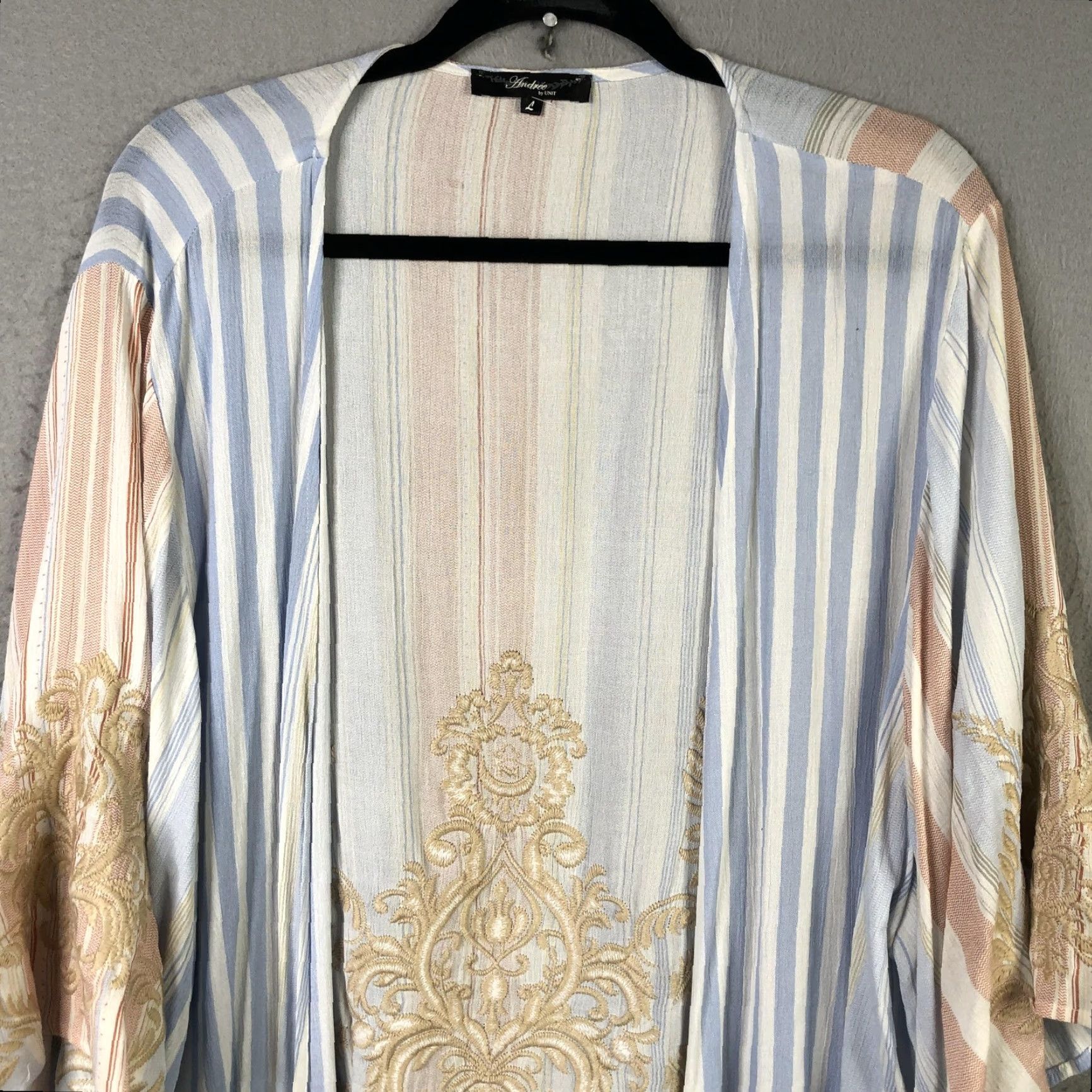 Vintage VINTAGE Andree by UNIT Kimono Cardigan Womens L Blue Peach Stripe Embroidered Boho Open-Front Lightweight Size L / US 10 / IT 46 - 6 Thumbnail