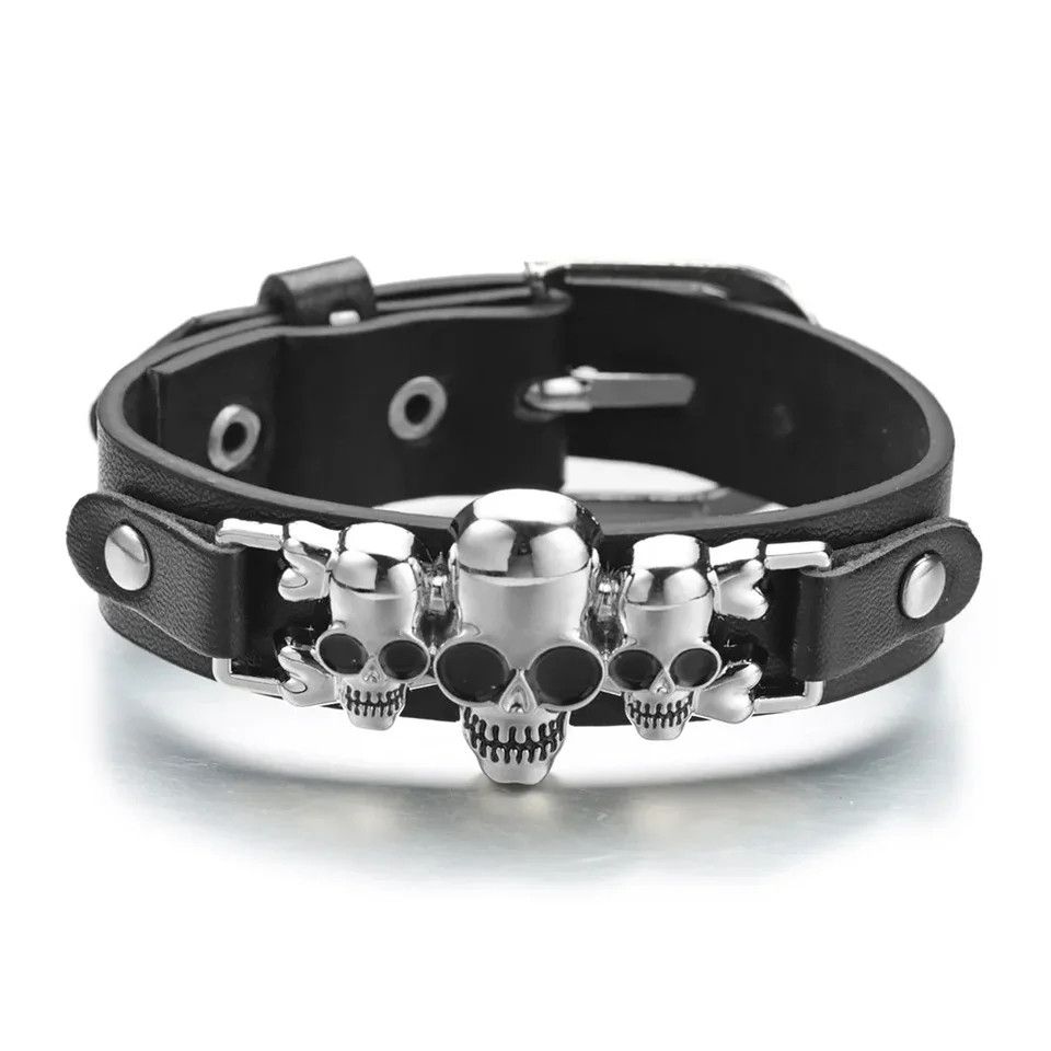 Jewelry PU Leather Skeleton Skull Bracelate Size ONE SIZE - 3 Thumbnail