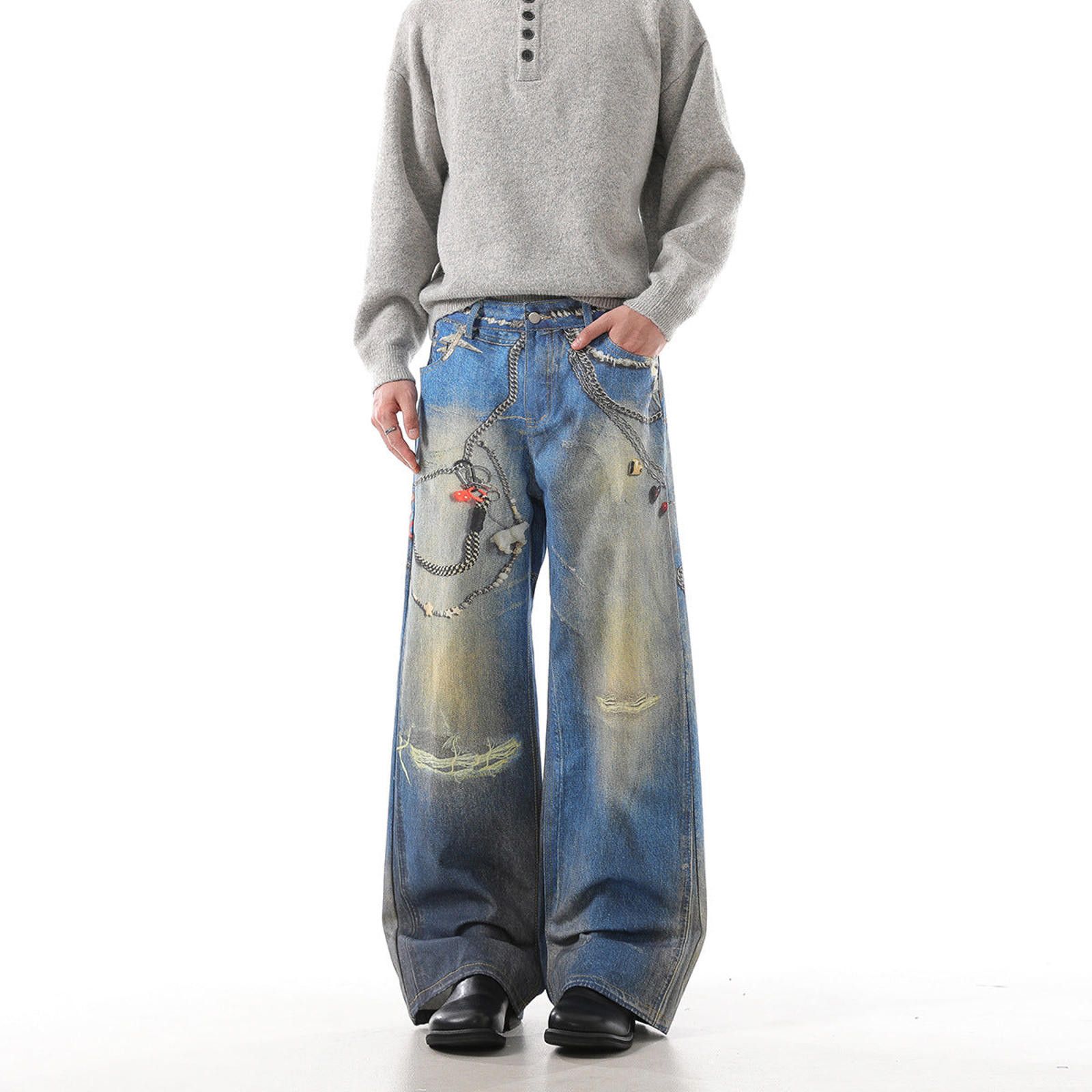Japanese Brand Blue Distressed Wide Leg Denim Jeans, Baggy Fit Jeans Size US 32 / EU 48 - 3 Thumbnail