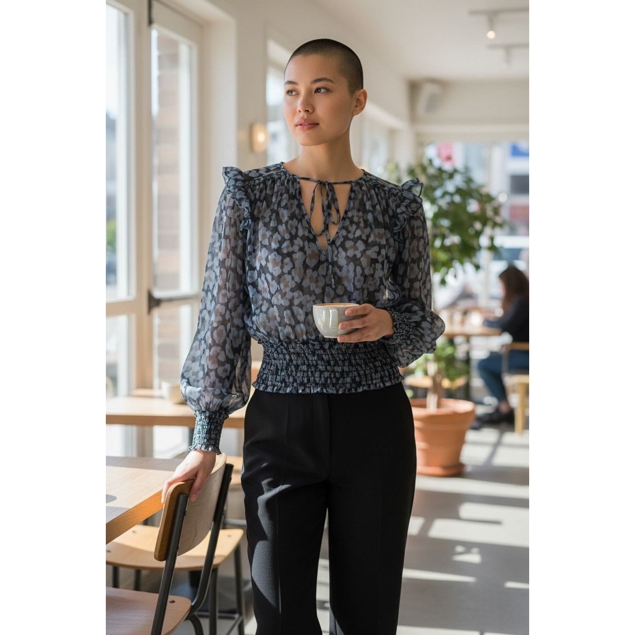 Free People Free People Blouse Wmns. Large Black Sheer Smocked Peasant Size L / US 10 / IT 46 - 3 Thumbnail