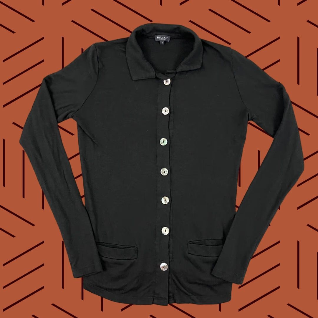 Vintage Bleusalt Cardigan Shirt Women Size 1 Fitted Black MOP Collared Button Up Pockets Size XS / US 0-2 / IT 36-38 - 1 Thumbnail