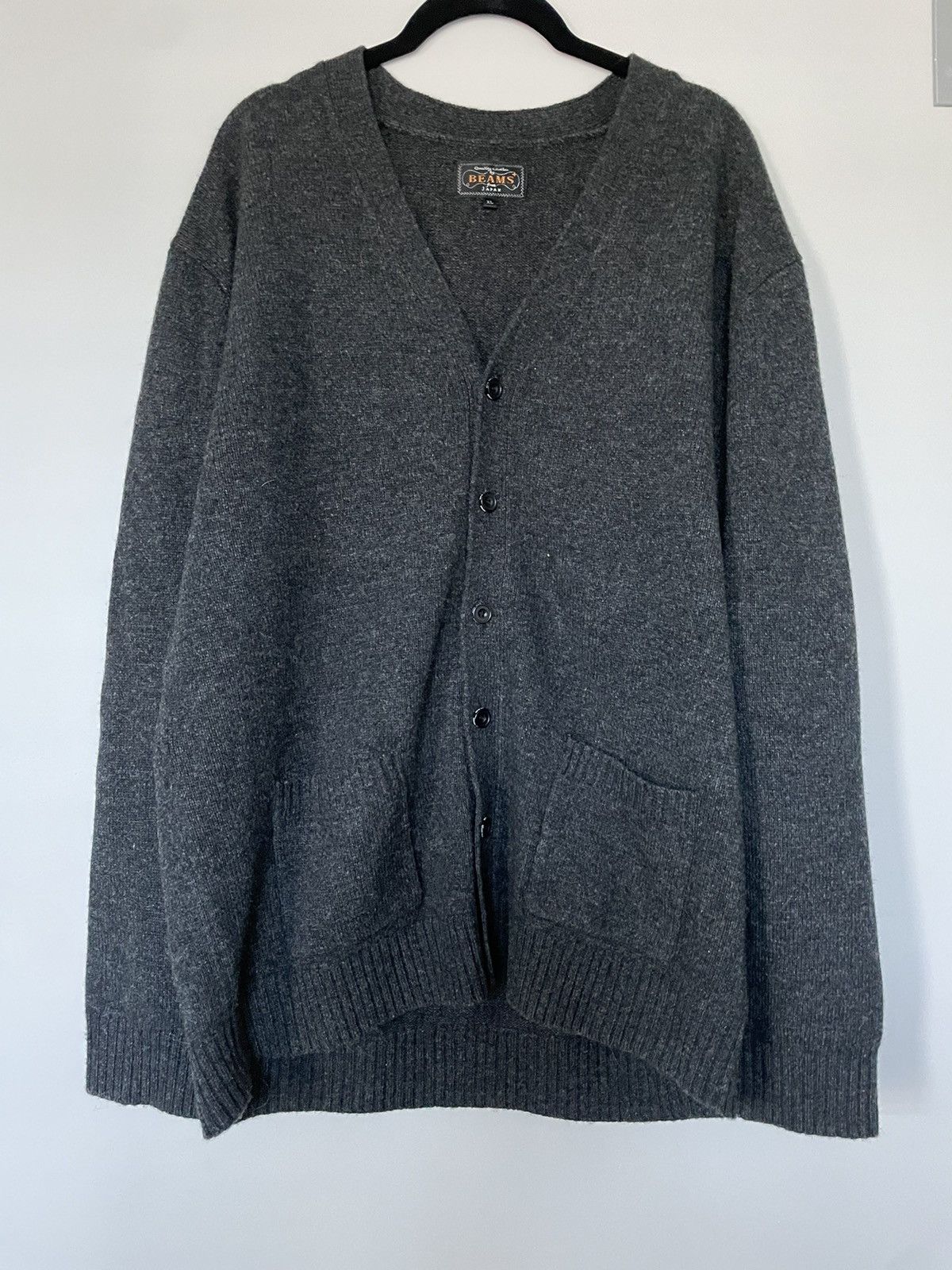 image of Beams Plus + Japan Elbow Patch Wool Cardigan 7G Charcoal in Grey, Men's (Size XL)