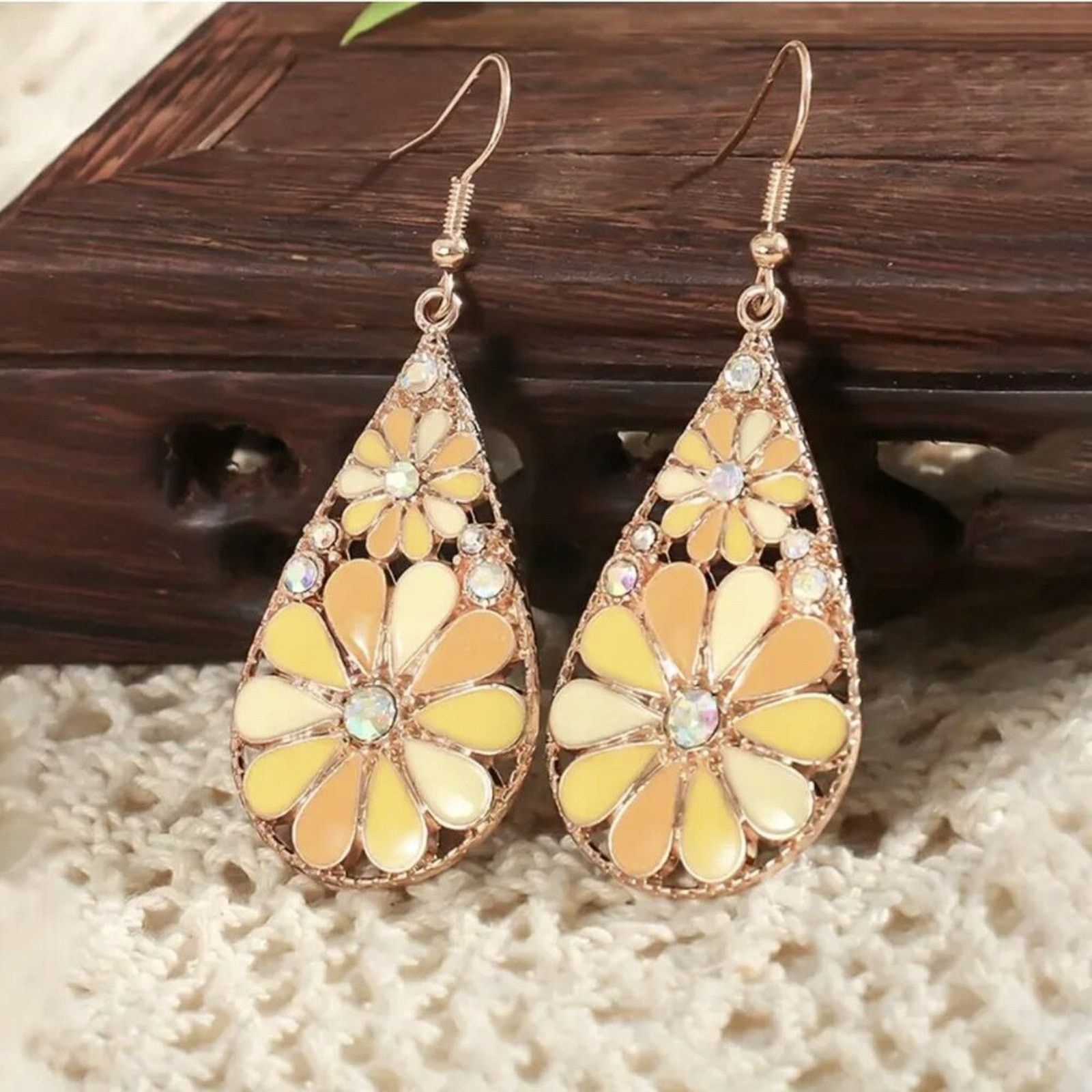 Other Yellow Mosaic Flower Dangle Earrings | Rose Gold Teardrop Size ONE SIZE - 7 Thumbnail