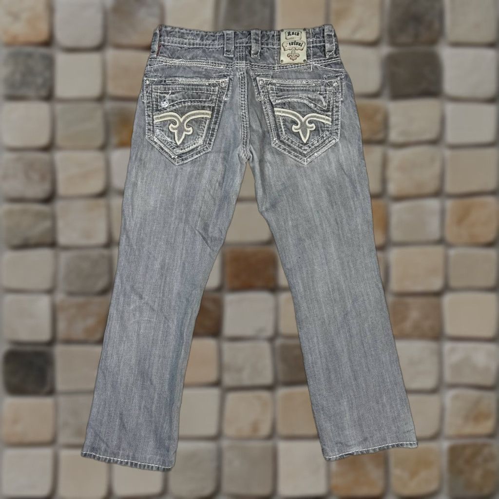 Rock Revival Jasper Jeans Mens 33 Gray Denim Mid Rise 34x29 Straight 5-Pocket Comfort Distressed Cotton