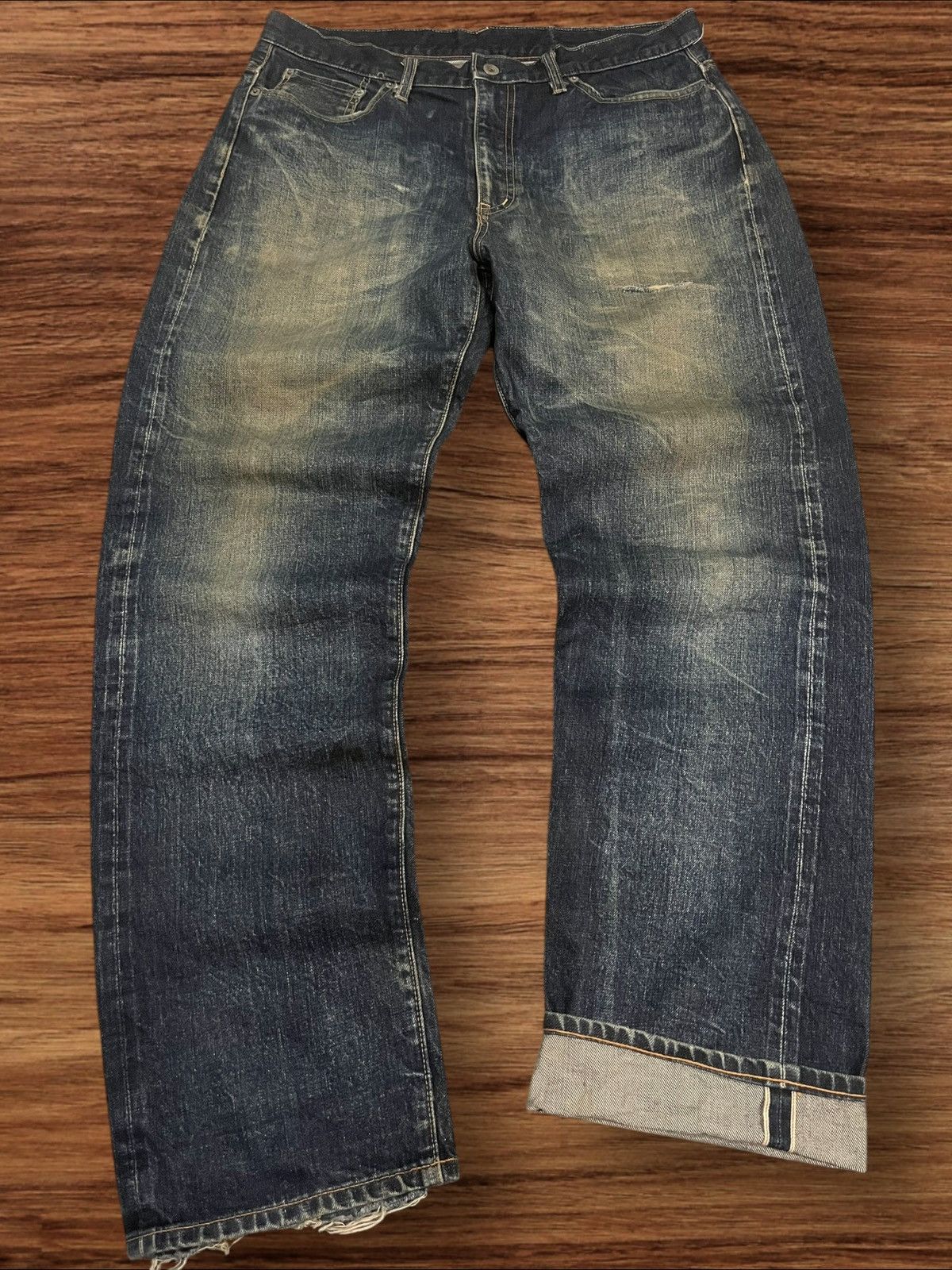 WHIZ LIMITED Whiz Limited Mud Indigo Washed Distress Selvedge Loose Jeans Size US 33 - 3 Thumbnail